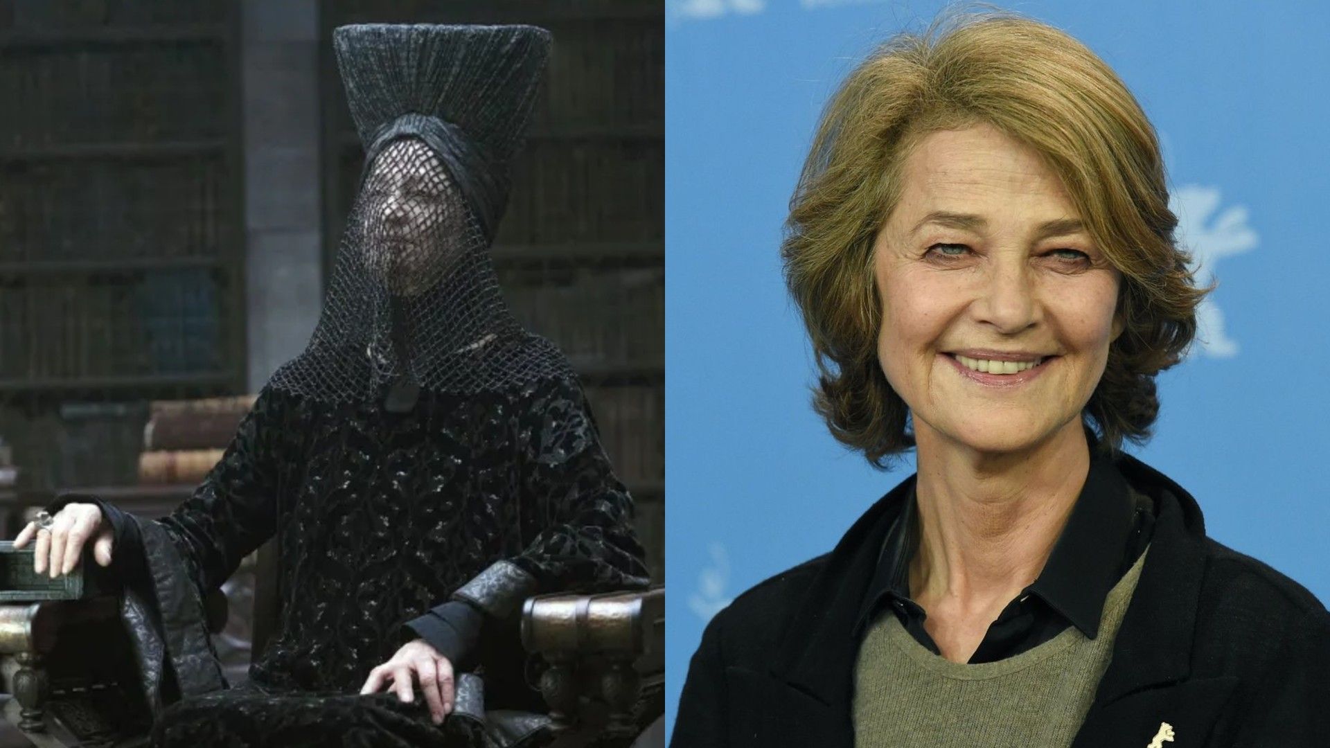 Dos fotos de Charlotte Rampling: a la izquierda con un atuendo negro con velo, a la derecha sonriendo con el pelo corto frente a una pared de prensa