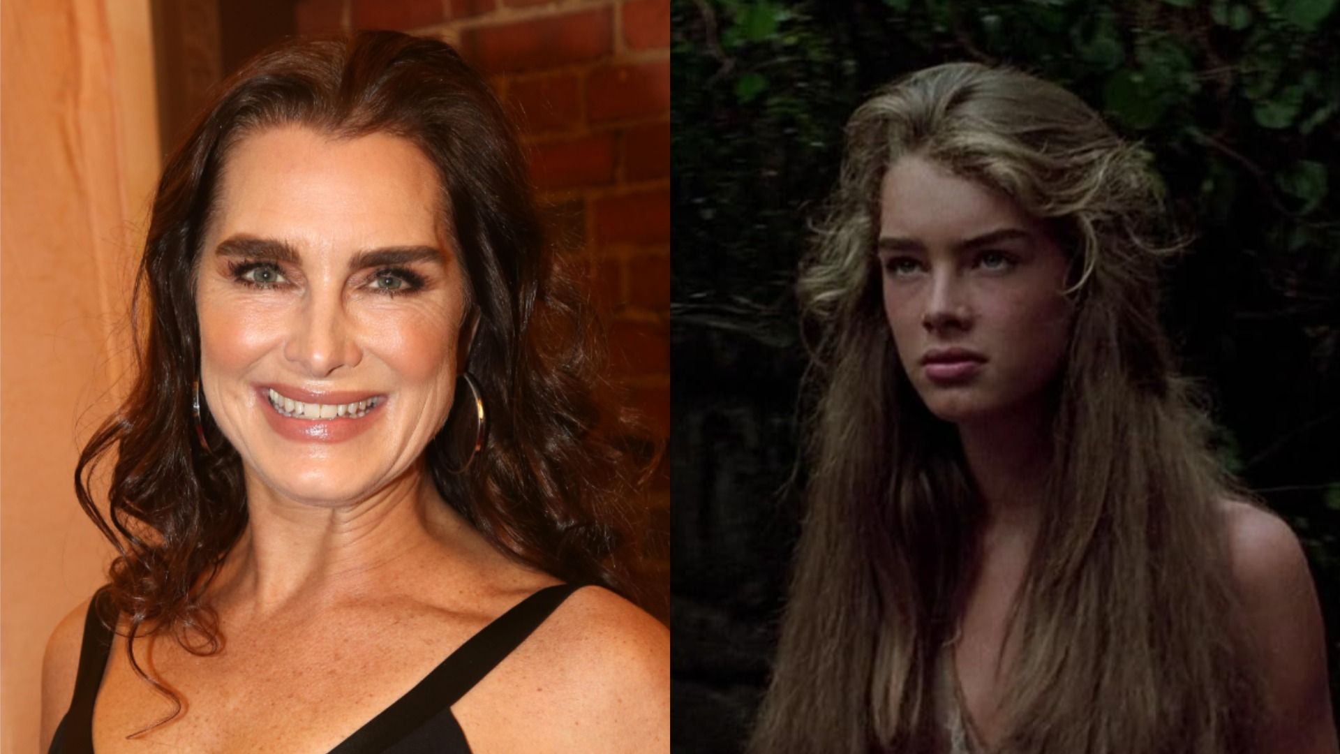 La actriz Brooke Shields sonríe en un vestido negro contra una pared de ladrillo