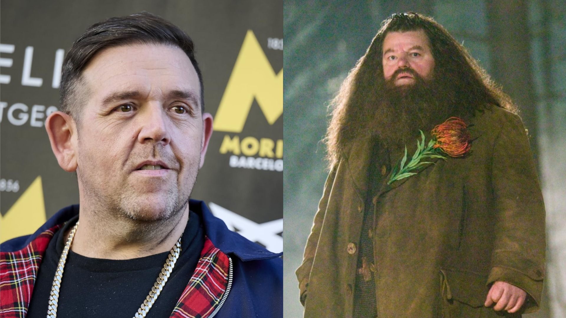 El actor Nick Frost sonríe levemente y mira hacia un lado contra el fondo de un cartel publicitario