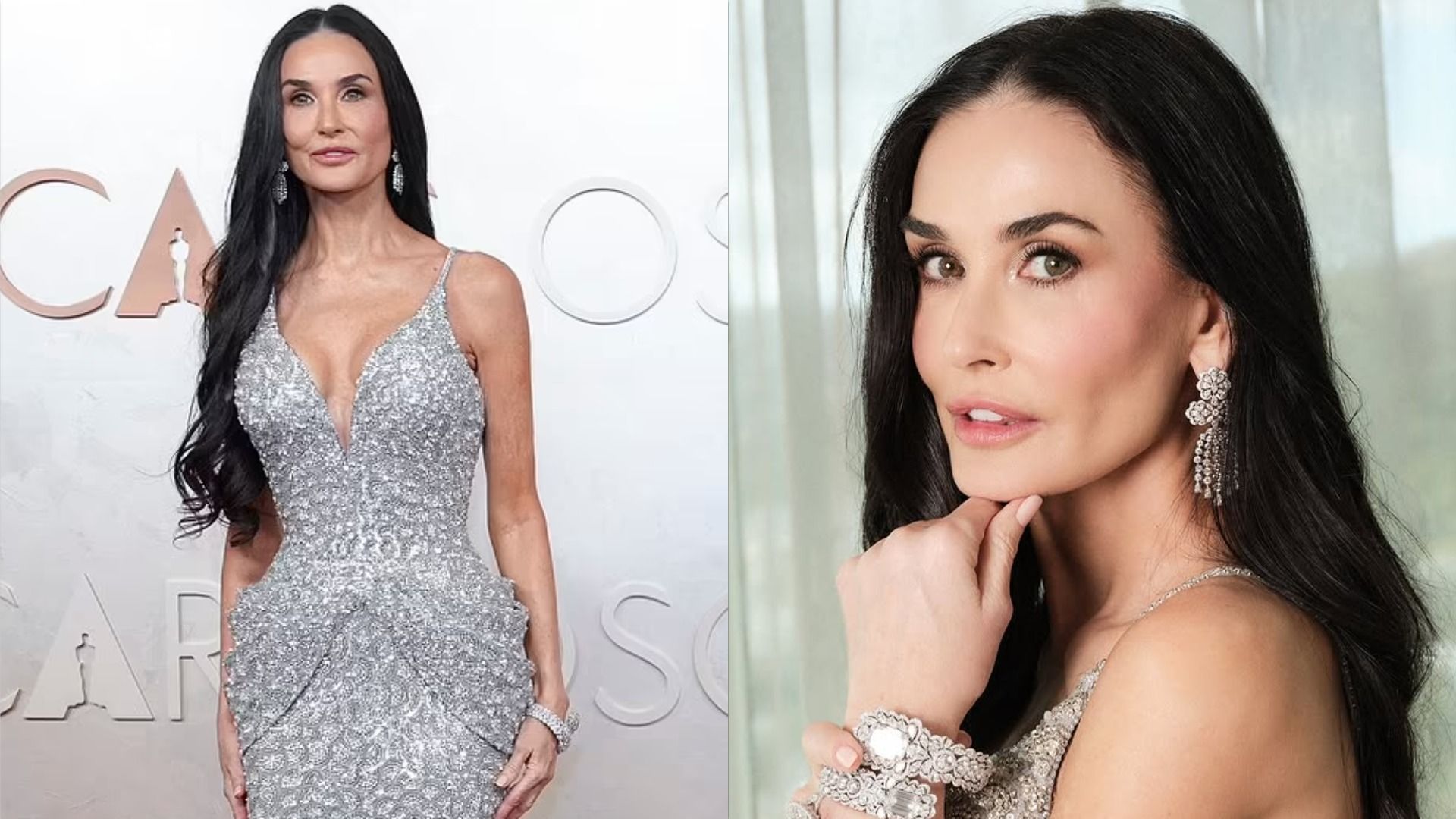 Demi Moore en un vestido plateado con escote y cola en la alfombra roja de los Oscars 2025
