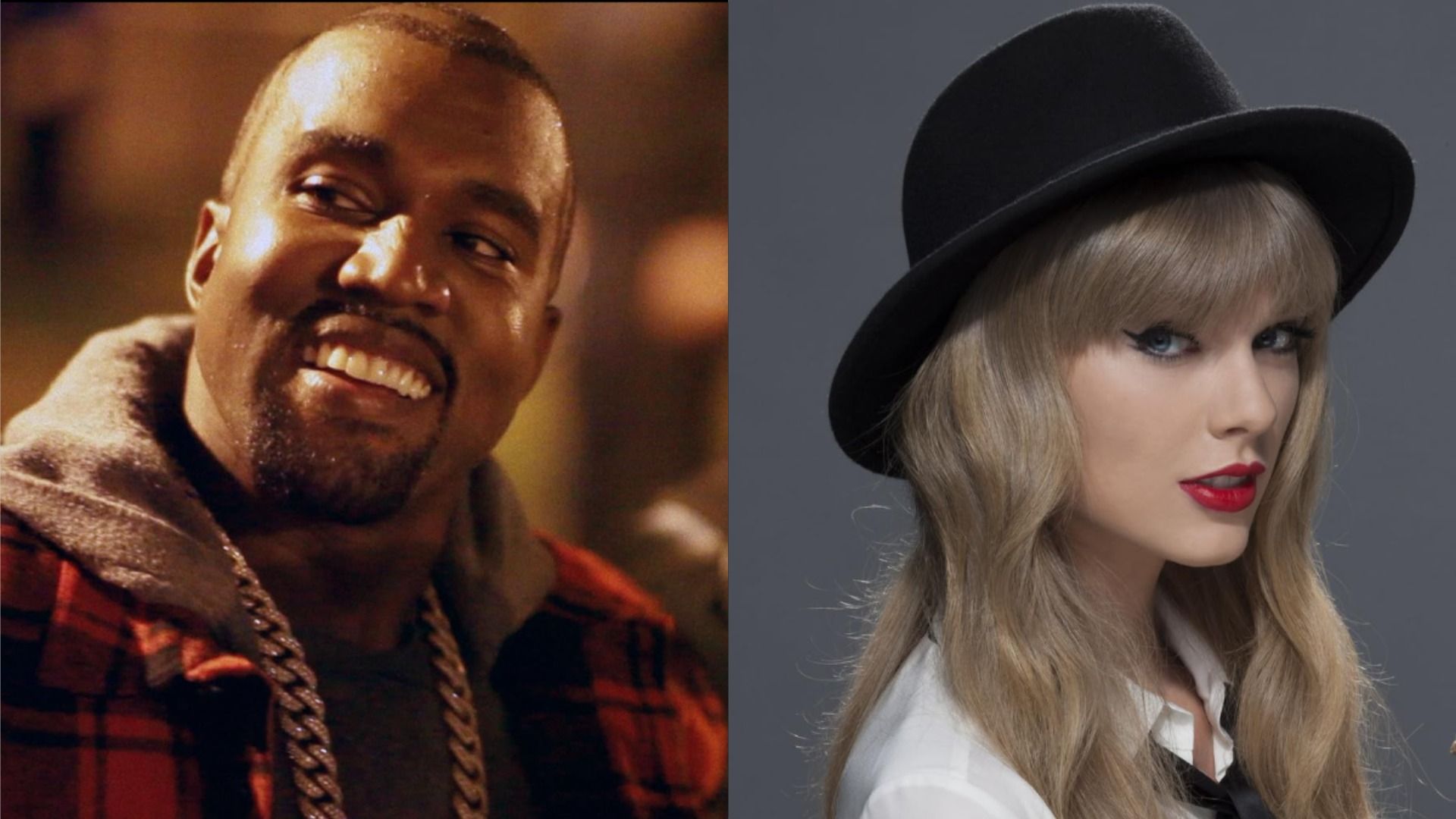 El rapero Kanye West mira hacia un lado y sonríe con la luz naranja, mientras la cantante Taylor Swift posa con un sombrero contra un fondo gris