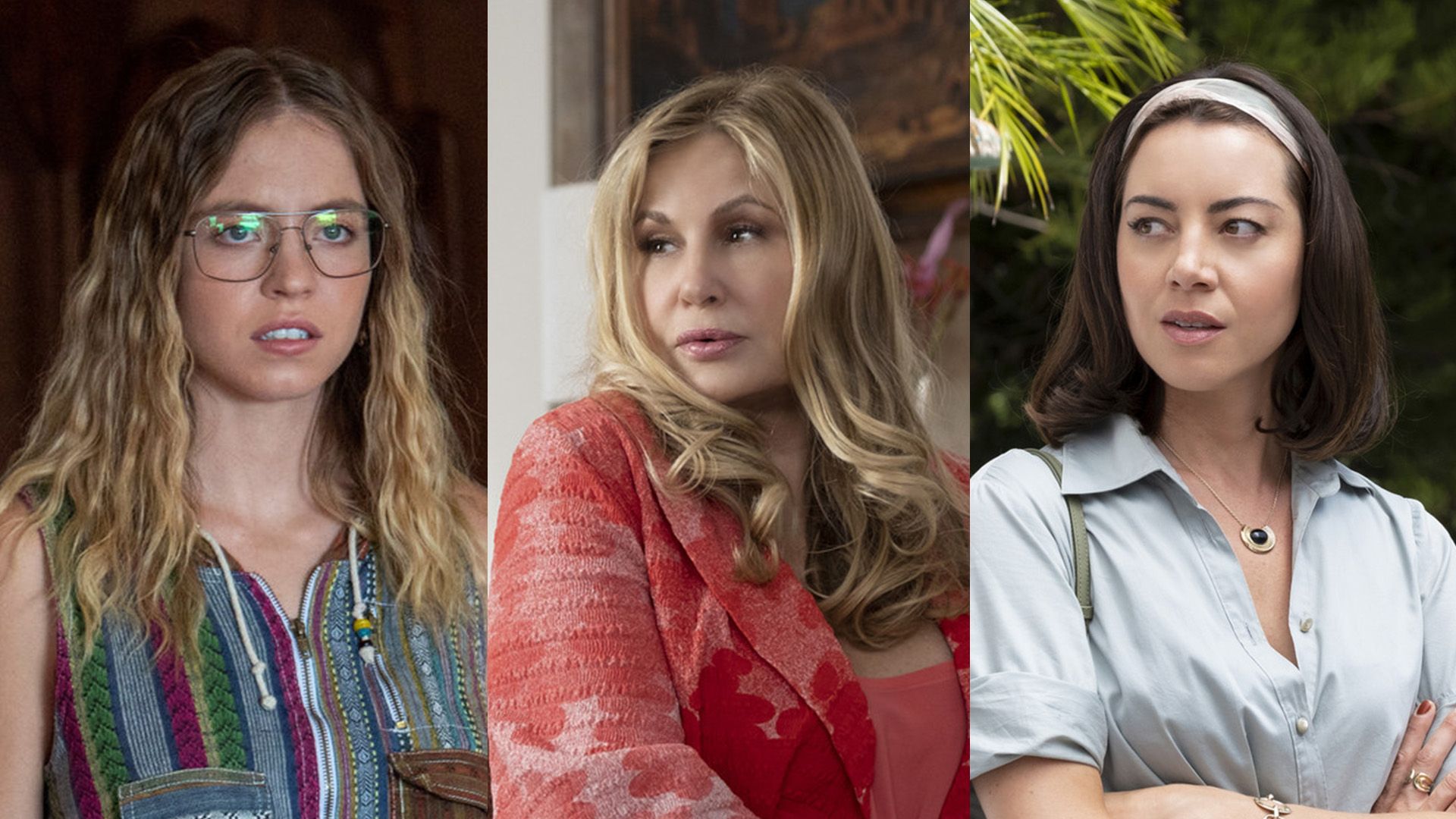Collage: Sydney Sweeney, Jennifer Coolidge, Aubrey Plaza en la serie 'The White Lotus'
