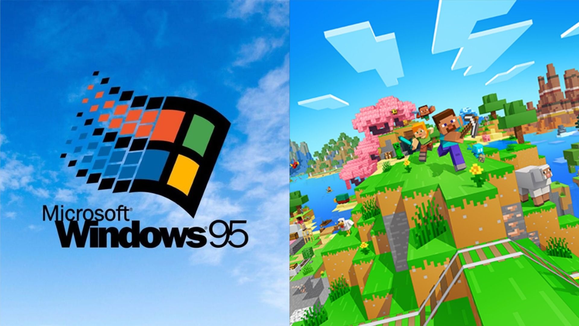 El logo del sistema operativo Windows 95 contra un fondo de cielo y nubes y personajes pixelados del juego de Minecraft corriendo por una colina