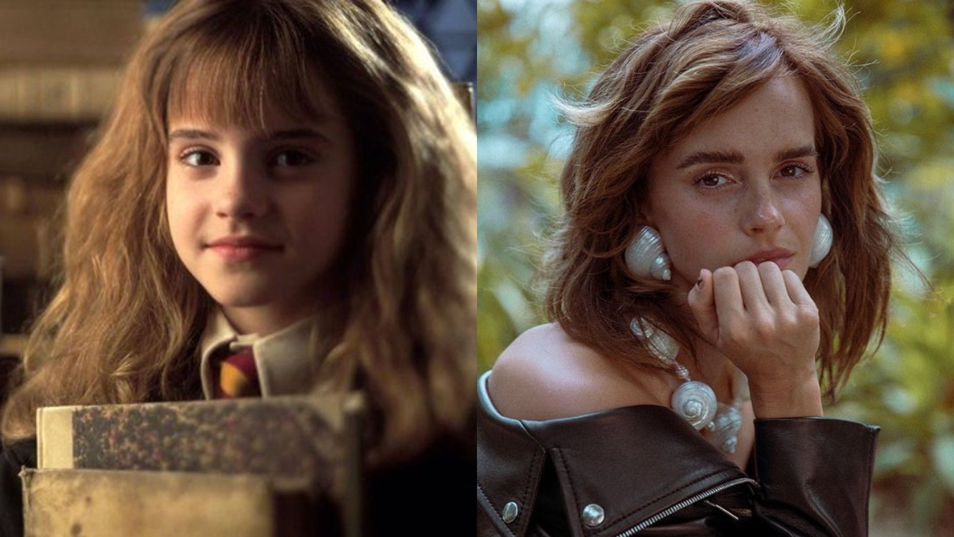 A la izquierda está la heroína Hermione en la película 'Harry Potter', a la derecha está Emma Watson en una sesión de fotos de estilo moderno