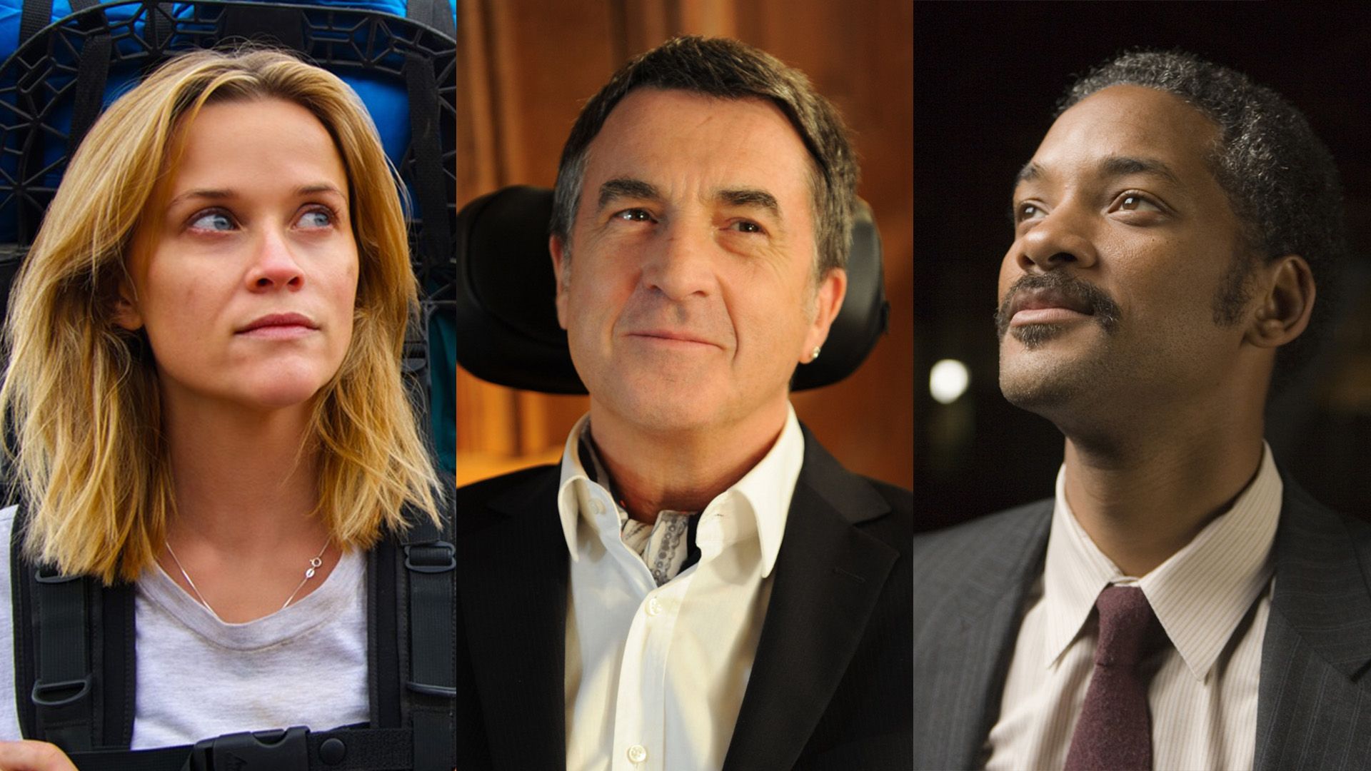 Collage: Reese Witherspoon en 'Wild', François Cluzet en 'The Intouchables', Will Smith en 'The Pursuit of Happyness'