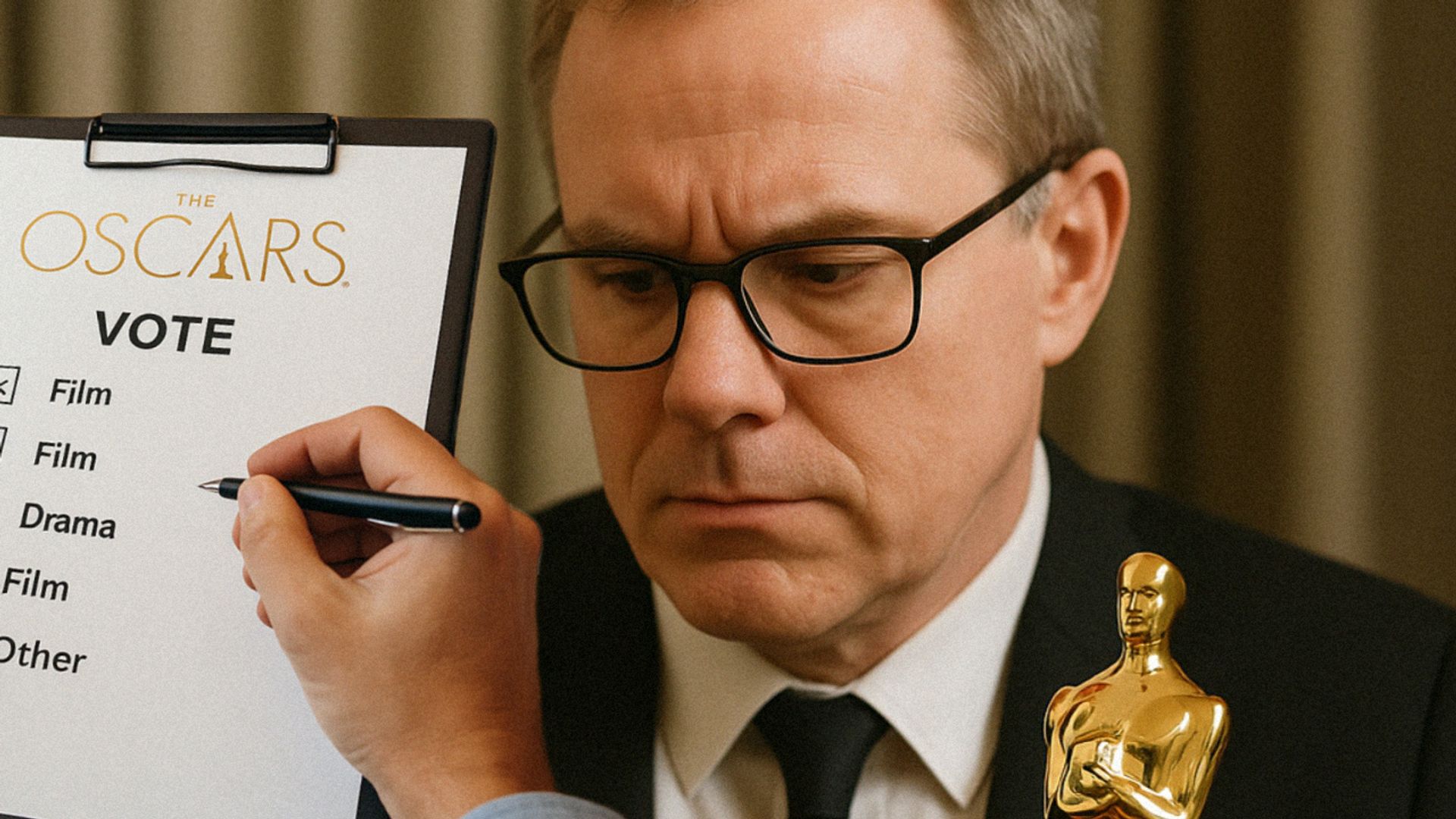 Un hombre en chaqueta y gafas con una estatuilla del Oscar en sus manos estudia la lista de votación para la película