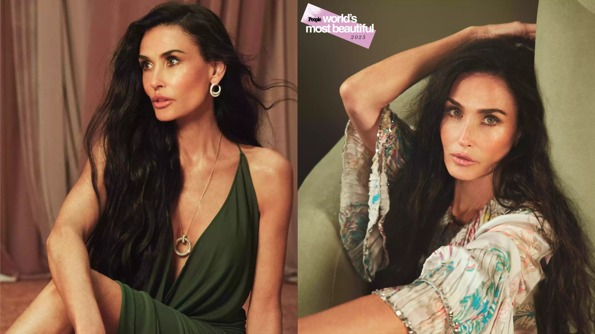 La actriz Demi Moore en un vestido verde sentada en el suelo mirando hacia un lado