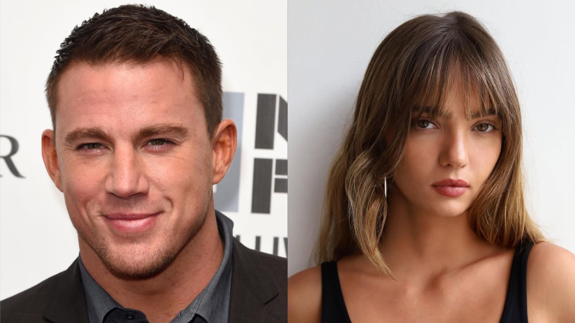 El actor Channing Tatum con una chaqueta sonríe y mira a la cámara contra un fondo rosa, la modelo Inka Williams en un top negro posa contra una pared blanca