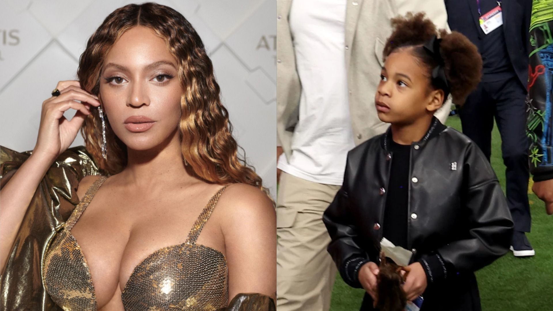La cantante Beyoncé en un vestido dorado mira a la cámara contra un fondo blanco y su hija Rumi Carter en una chaqueta de cuero mira hacia otro lado contra un telón de fondo de personas