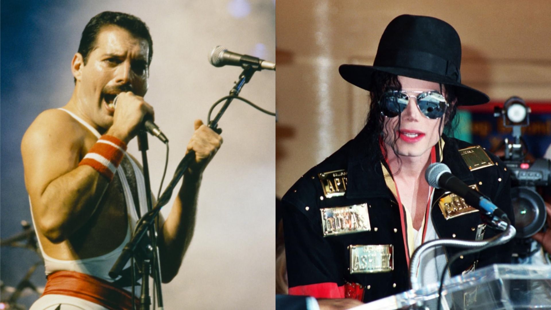 El cantante Freddie Mercury sostiene dos micrófonos y canta contra un fondo blanco-azul, el cantante Michael Jackson con gafas y un sombrero habla por un micrófono