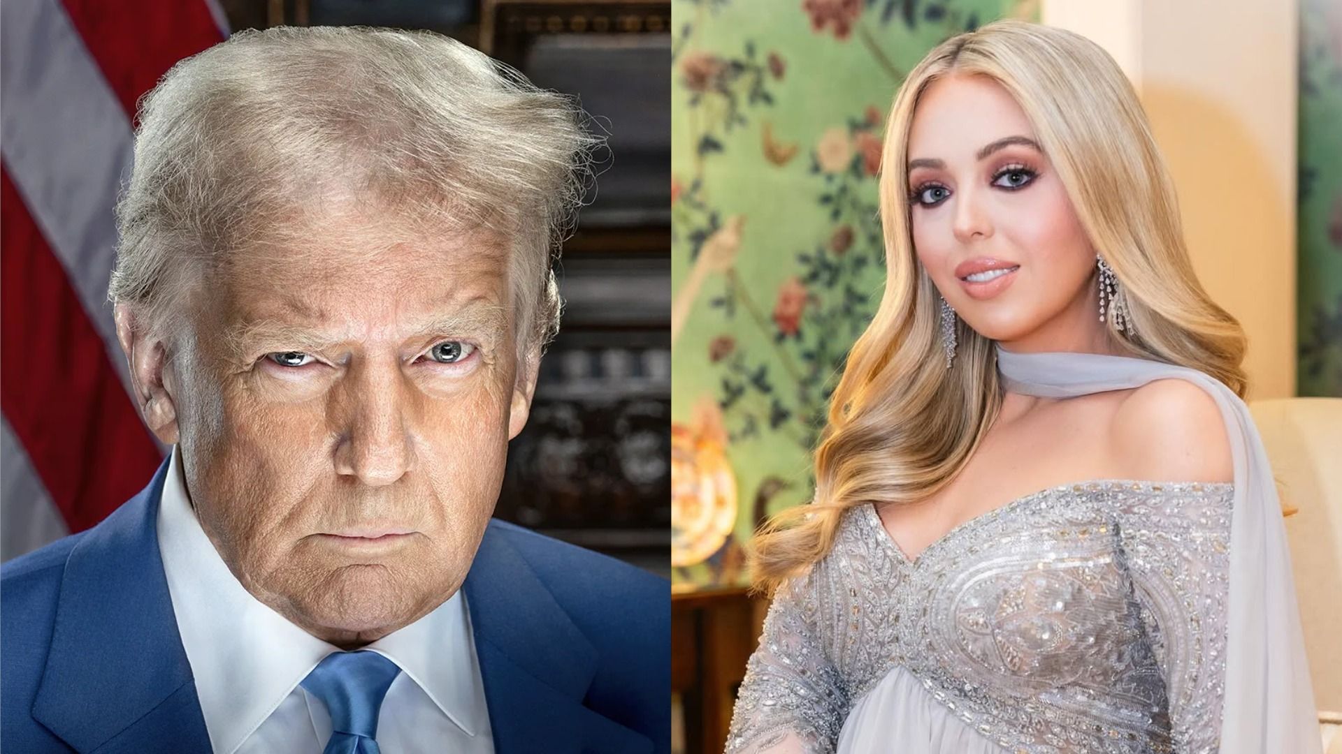 El presidente de los Estados Unidos, Donald Trump, con una chaqueta azul, mira a la cámara contra el fondo de una bandera, su hija Tiffany, con un vestido blanco, sonríe a la cámara contra una pared verde