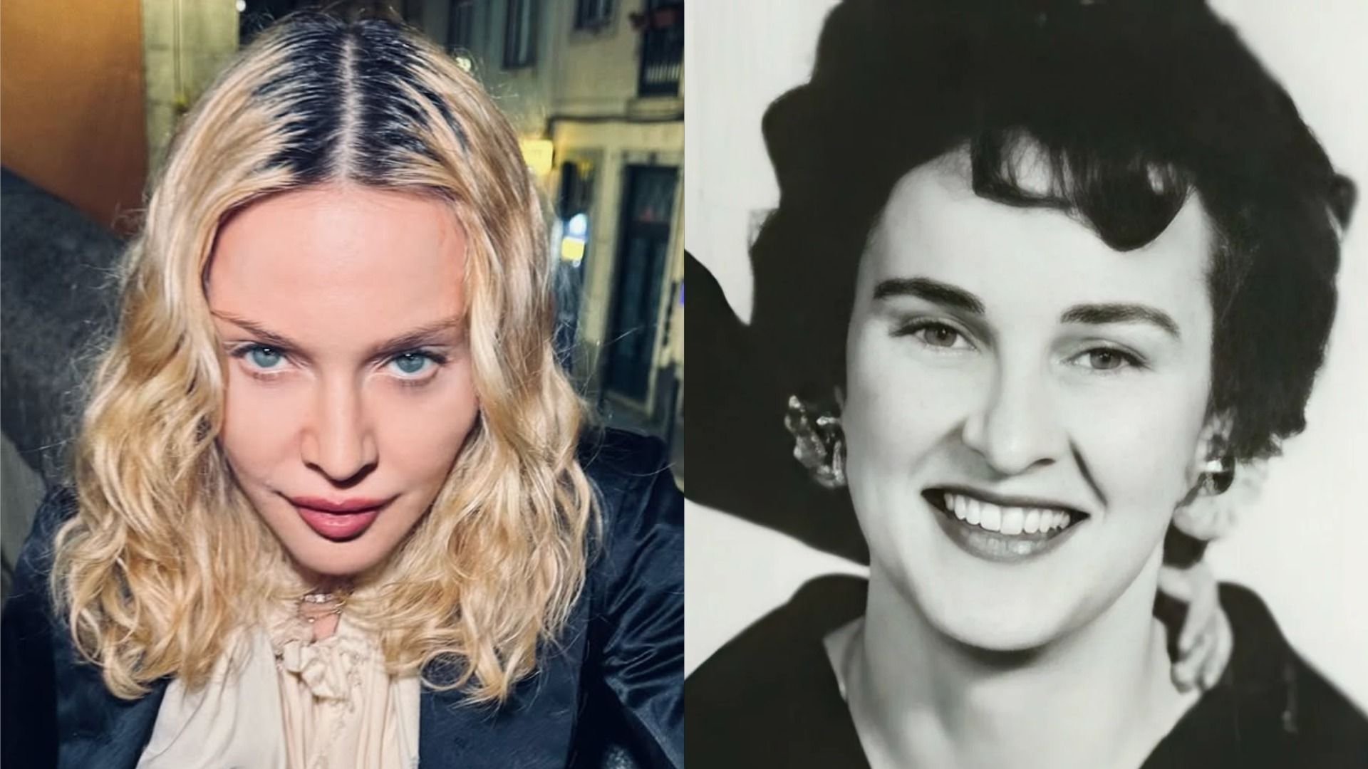 La cantante Madonna con una chaqueta negra mira a la cámara con una media sonrisa contra el fondo de un edificio, la madre de Madonna con cabello negro y vestida de negro sonríe a la cámara contra un fondo blanco