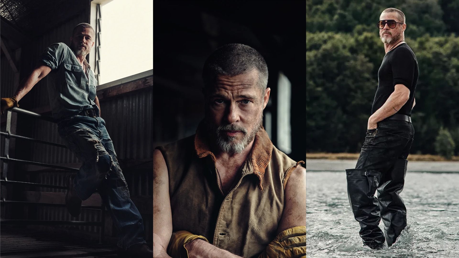 Actor Brad Pitt con botas largas, jeans rasgados y ropa sucia posando contra el fondo de agua y una ventana