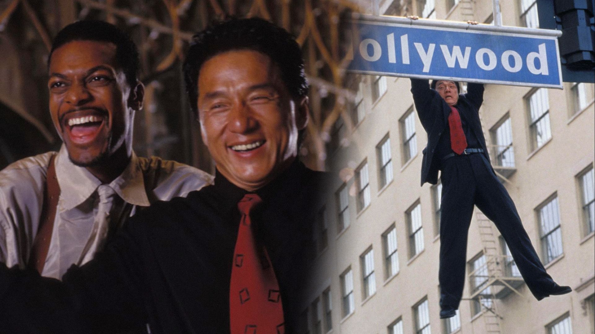 Actores Jackie Chan y Chris Tucker sonriendo contra un fondo marrón