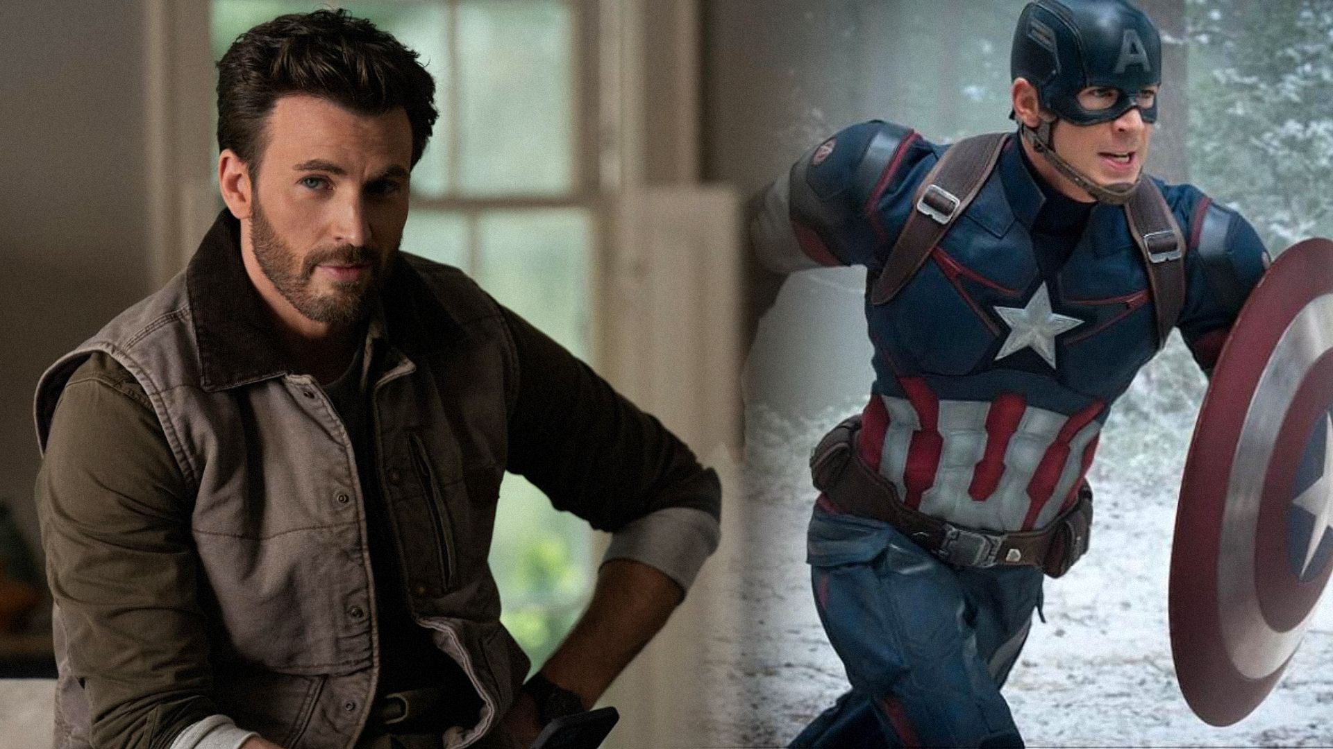 El actor Chris Evans con chaleco gris y traje de superhéroe corriendo por el bosque con un escudo