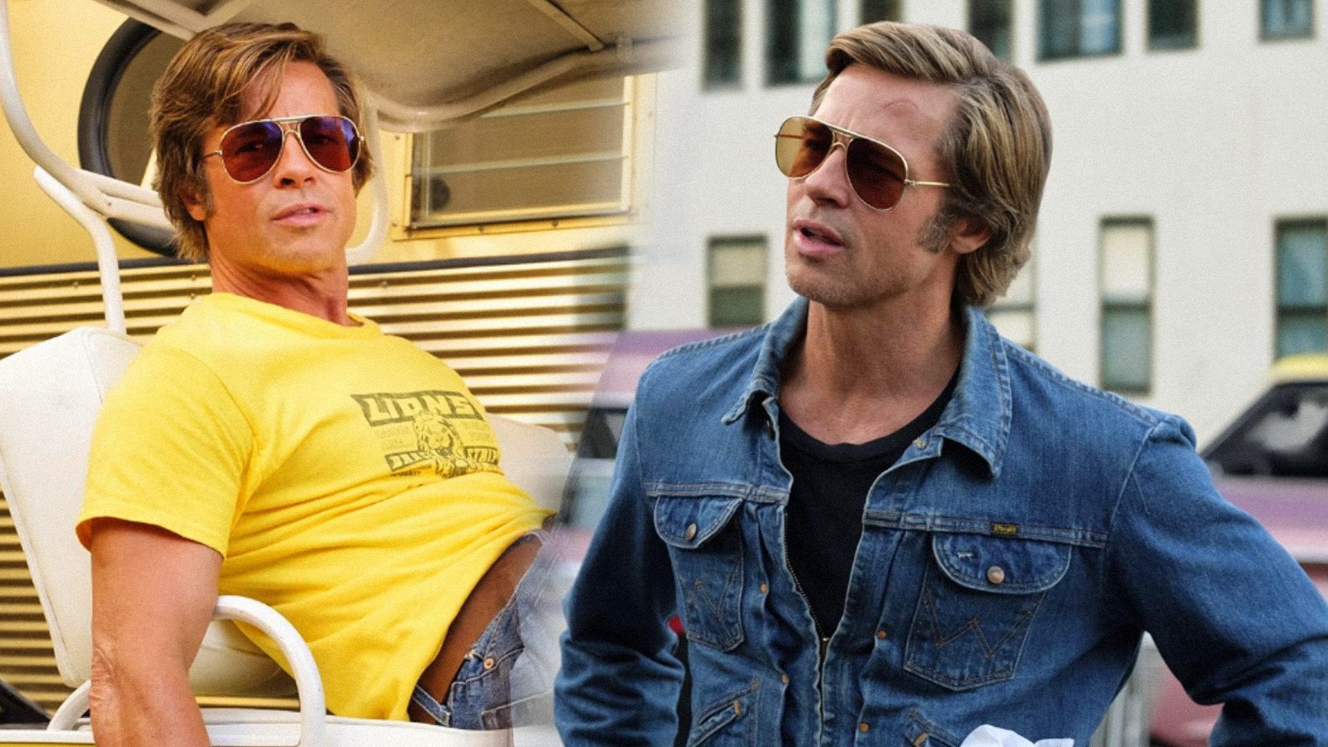 El actor Brad Pitt como Cliff Booth con vaqueros y gafas