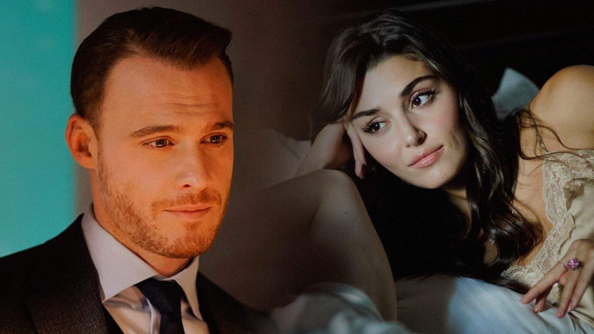 El actor Kerem Bursin con chaqueta negra y la actriz Hande Ercel en camisón, acostados en la cama