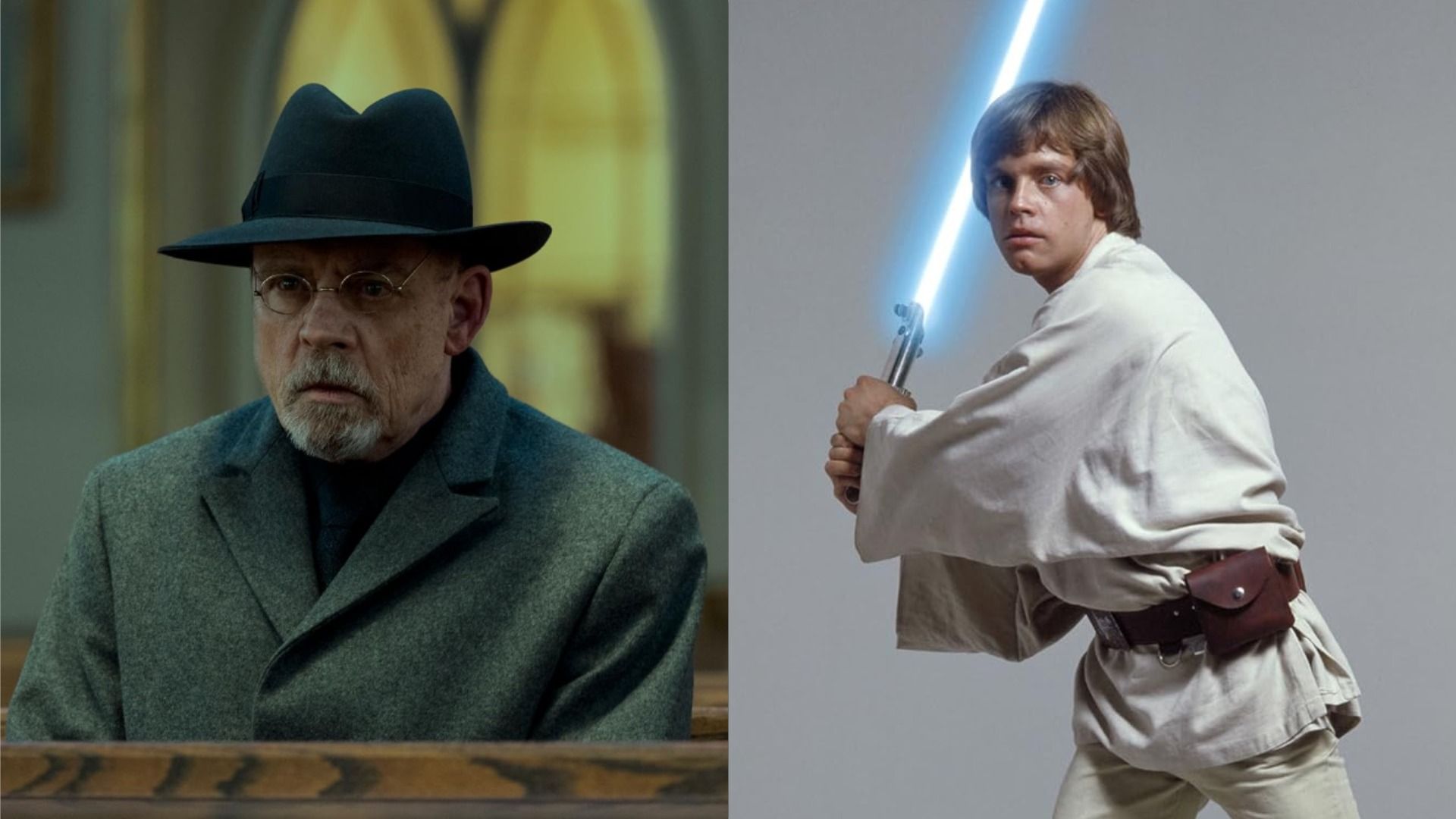 El actor Mark Hamill con un sombrero y gafas sentado en un banco, a la derecha - él con un sable de luz y ropa blanca