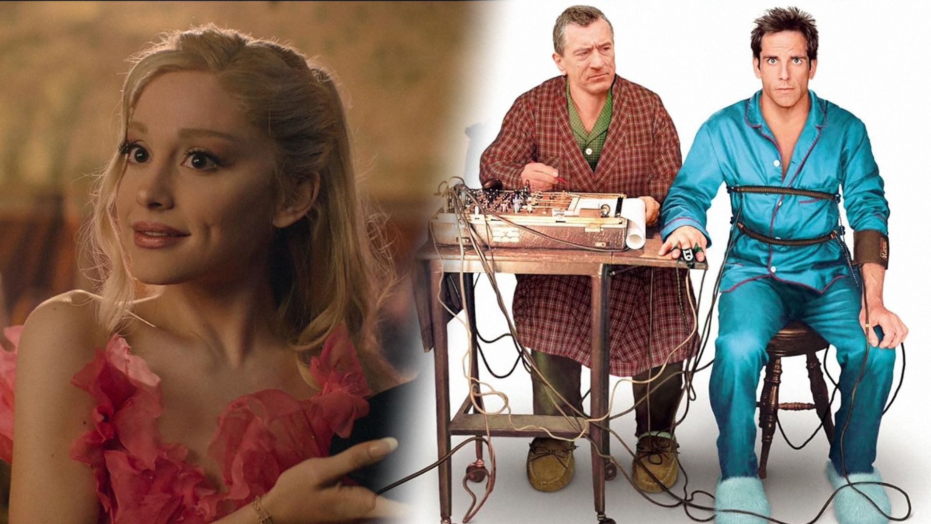 La cantante Ariana Grande en un vestido rojo sonriendo, los actores Robert De Niro y Ben Stiller sentados en la mesa en pijamas