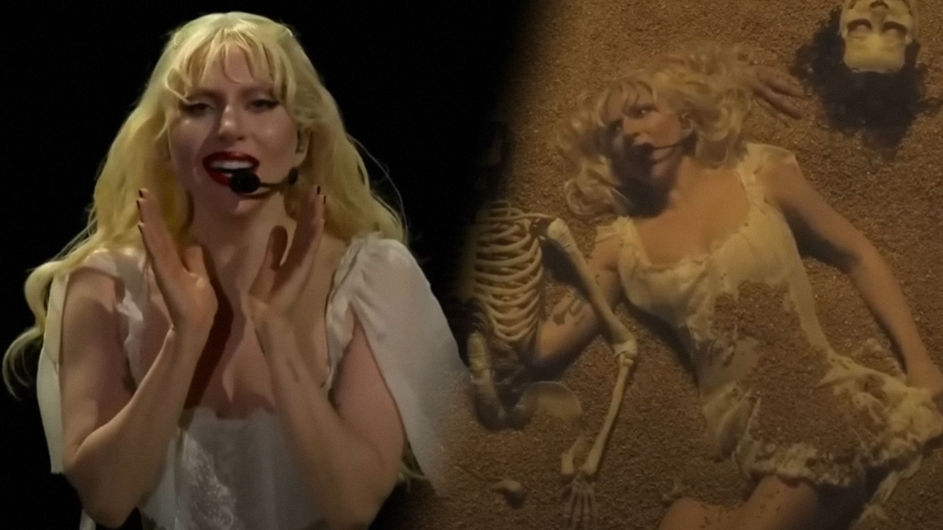 La cantante Lady Gaga en un vestido blanco con un micrófono contra un fondo negro y sonríe