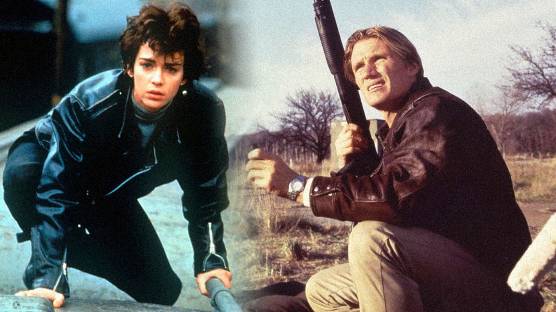 Una chica vestida de negro agachada y el actor Dolph Lundgren con un arma en las manos mirando hacia un lado