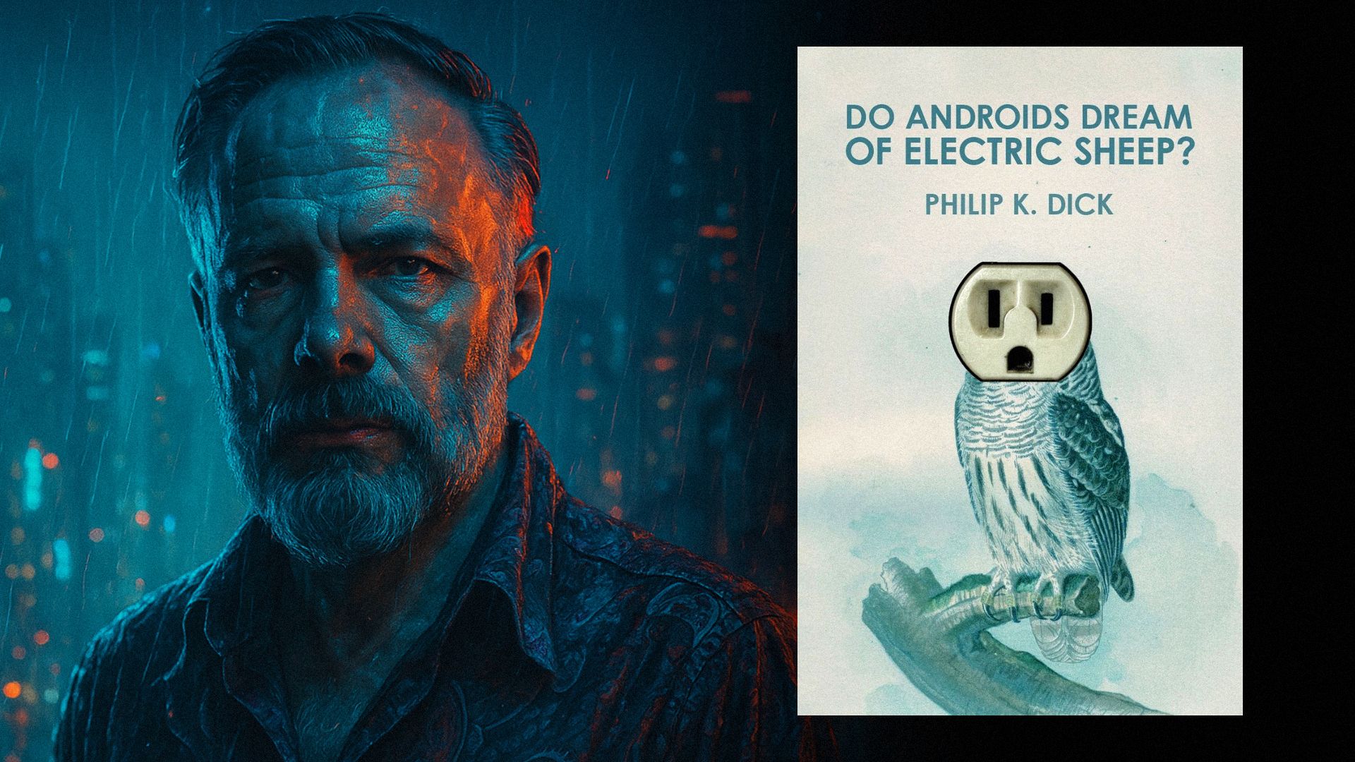 El escritor Philip K. Dick de pie bajo la lluvia con luz azul-naranja, junto a la portada de un libro que muestra un búho