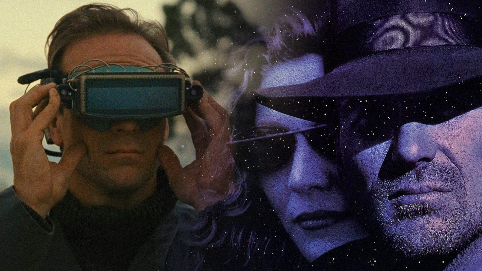 Un hombre con gafas de un solo cristal junto a un hombre y una mujer bajo luz púrpura