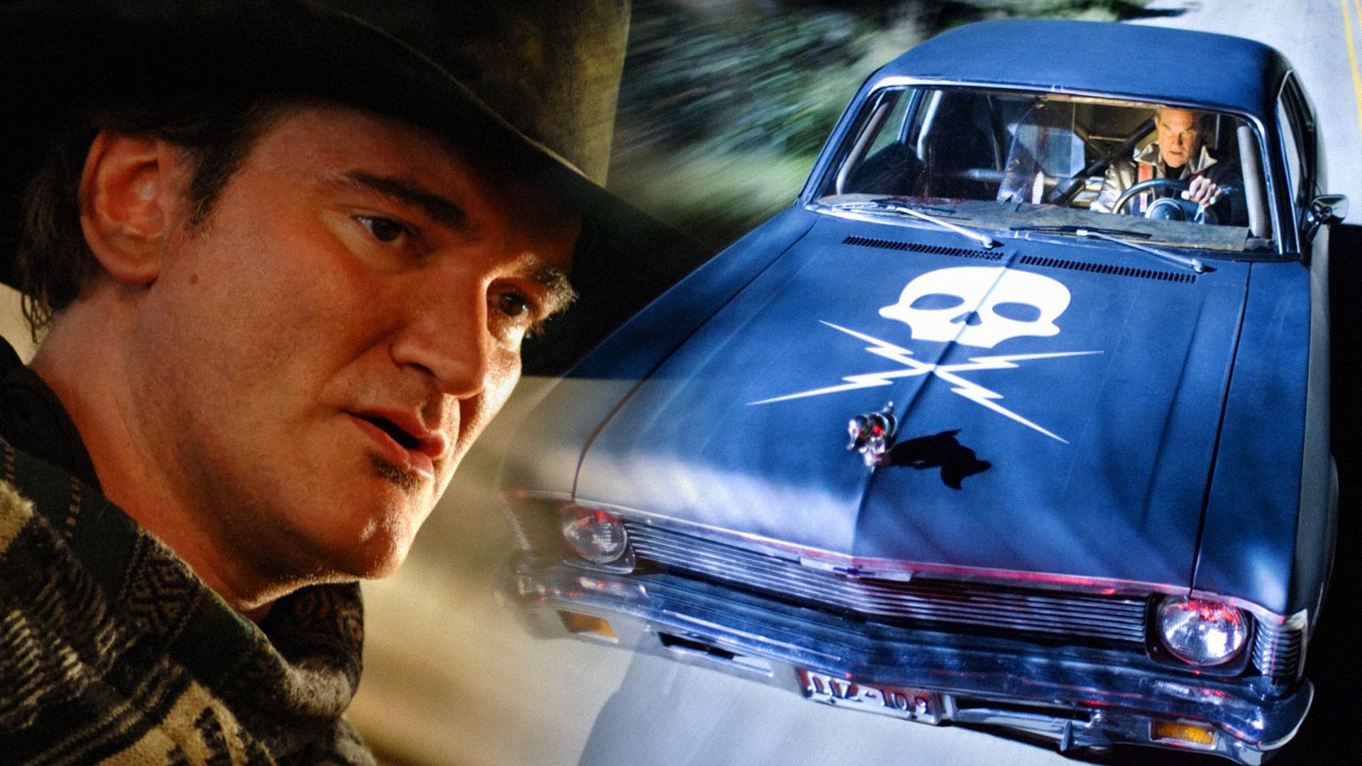 El director Quentin Tarantino con sombrero y el actor Kurt Russell al volante de un coche azul