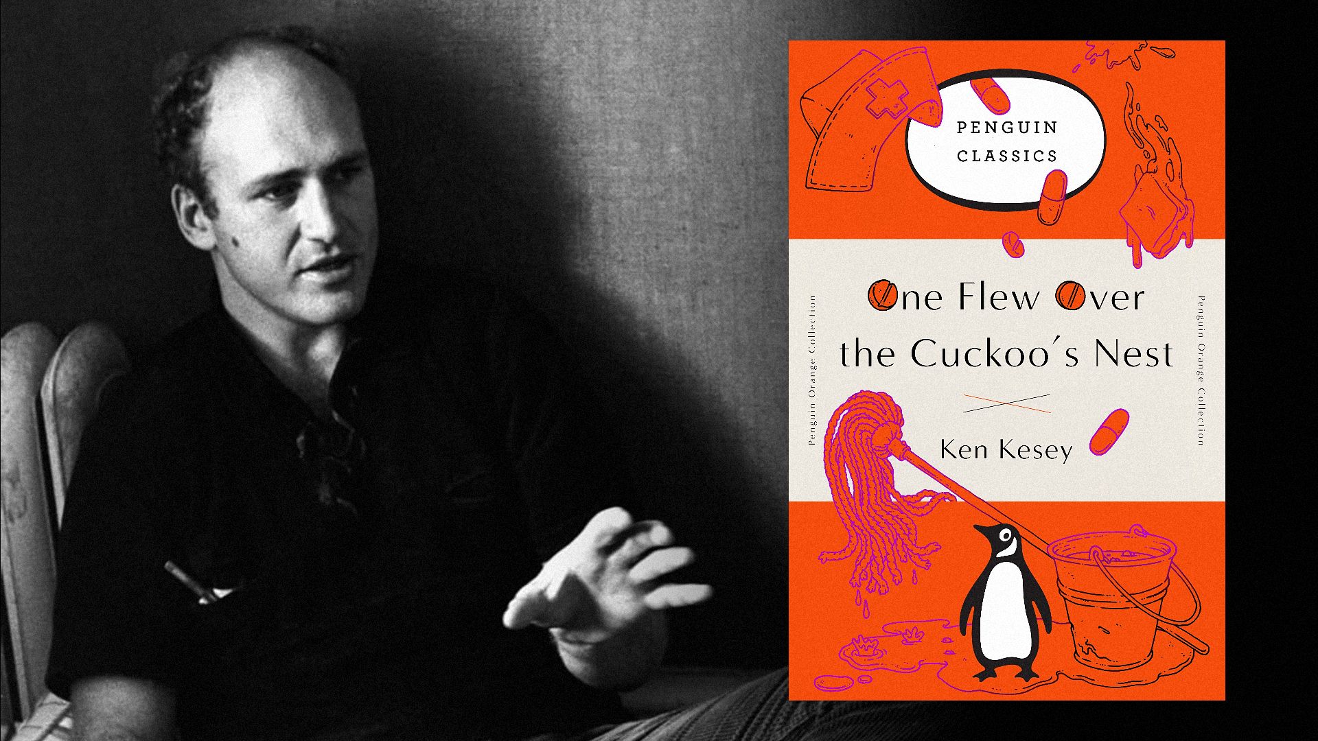 El escritor Ken Kesey sentado con ropa negra, junto a una portada de libro que muestra un cubo y una fregona