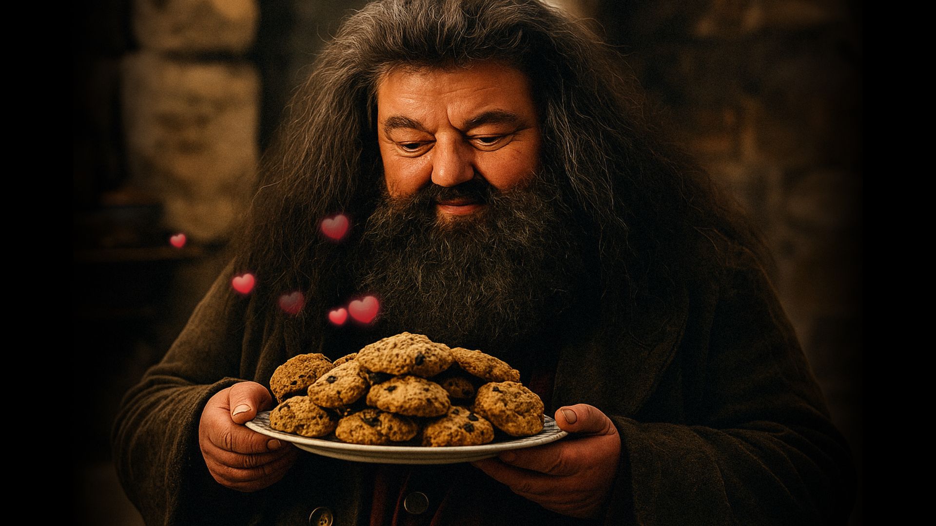 Un hombre con barba espesa sosteniendo un plato de galletas y sonriendo