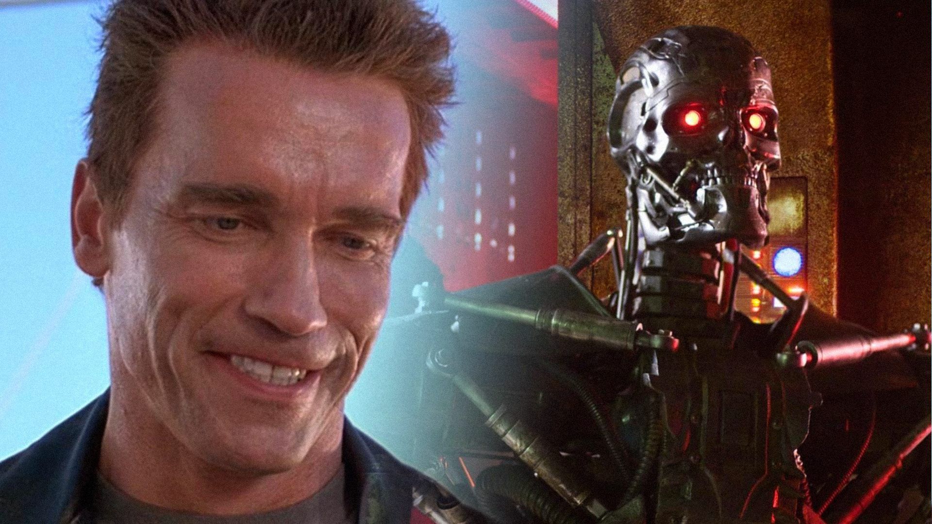 El actor Arnold Schwarzenegger sonriendo con el robot Terminator de pie cerca en luz marrón