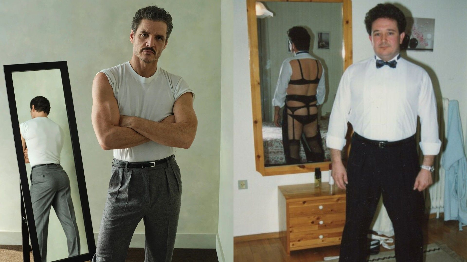 A la izquierda Pedro Pascal está con los brazos cruzados contra un fondo de espejo donde se refleja su espalda, a la derecha un hombre con camisa blanca clásica y corbatín está de frente a la cámara mientras se refleja en el espejo usando lencería femenina