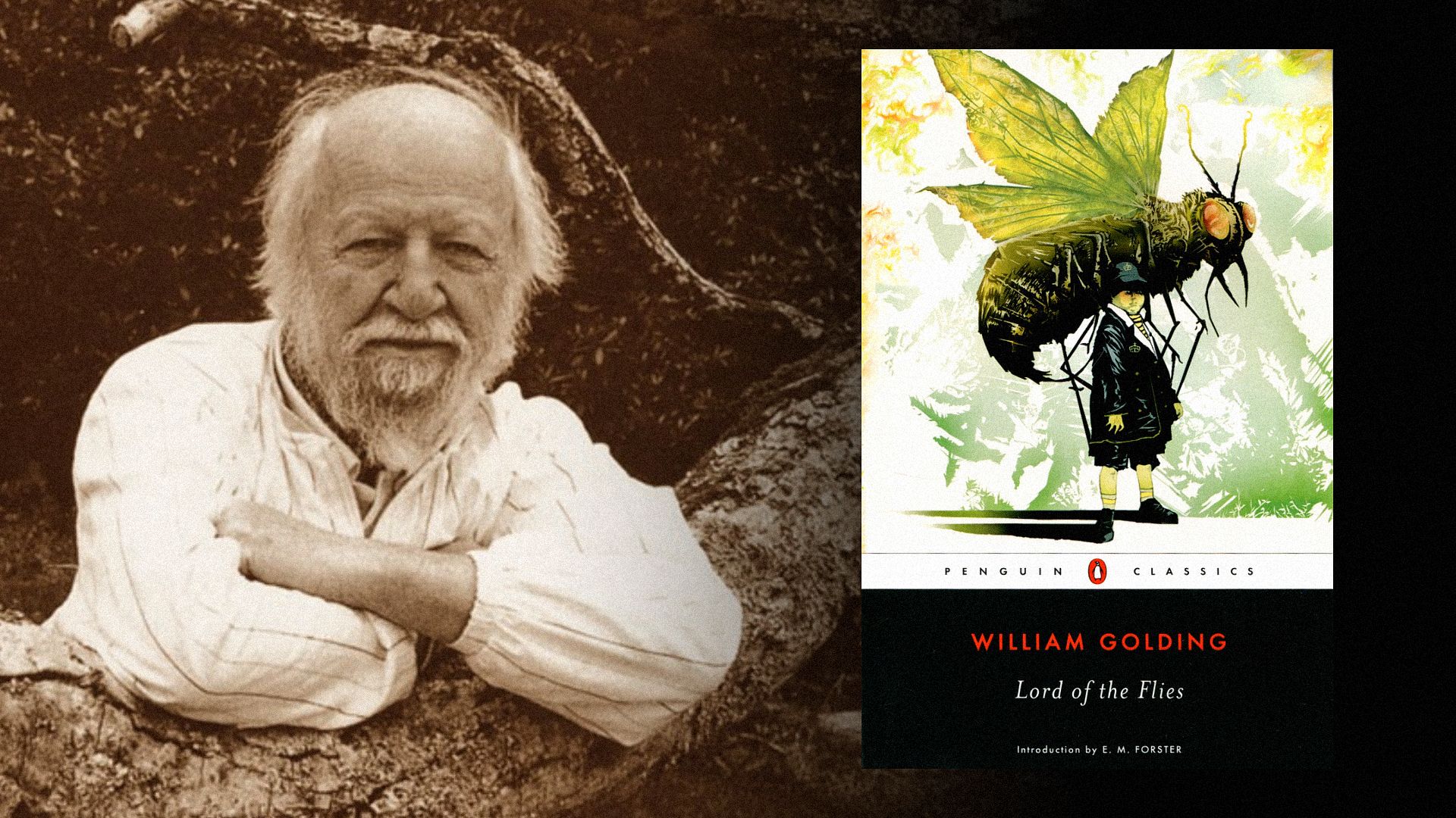 El escritor William Golding está de pie junto a un árbol, al lado de una portada de libro que muestra una mosca grande y un niño