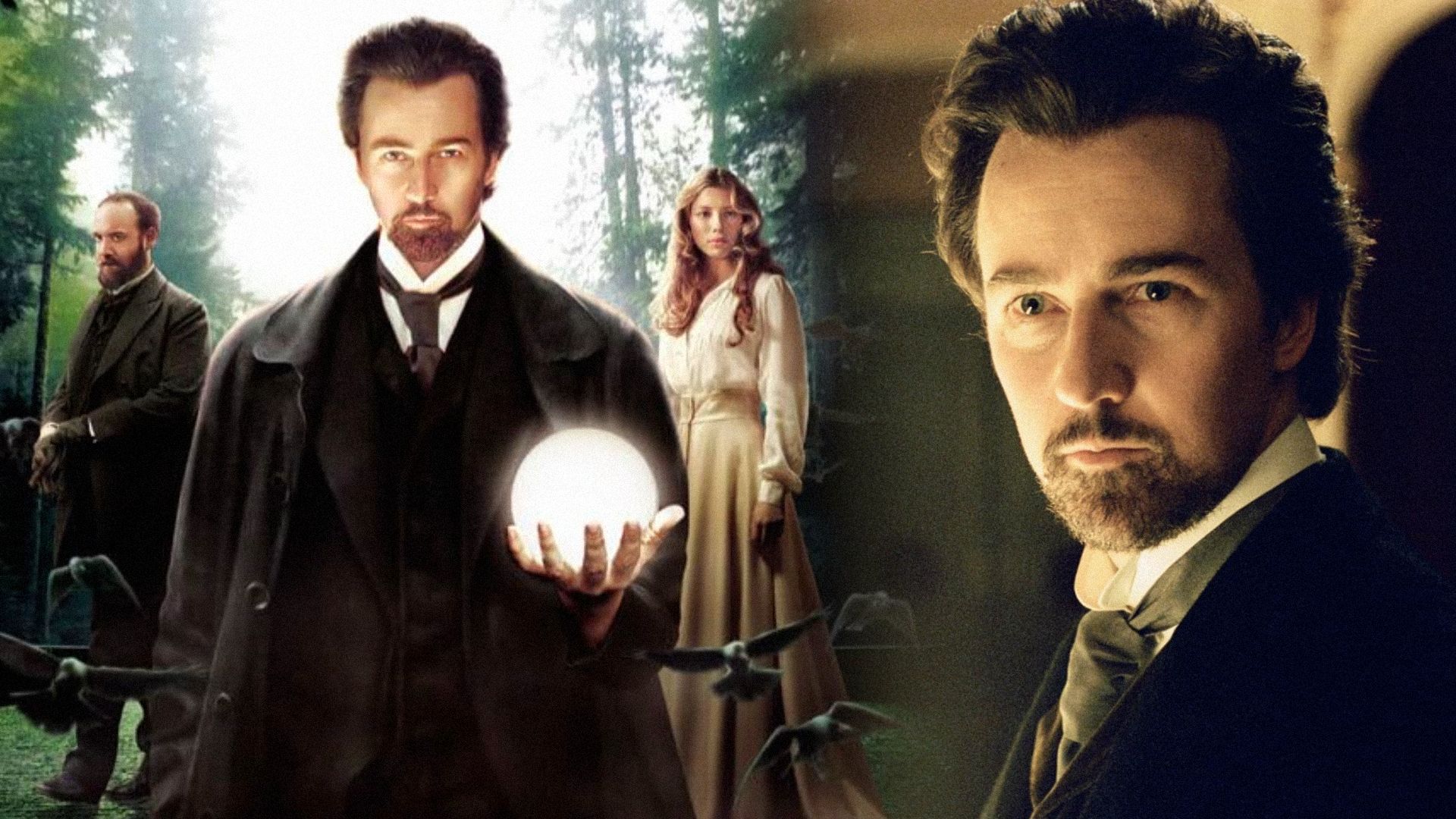 El actor Edward Norton con un traje negro de época sostiene una esfera brillante en su mano