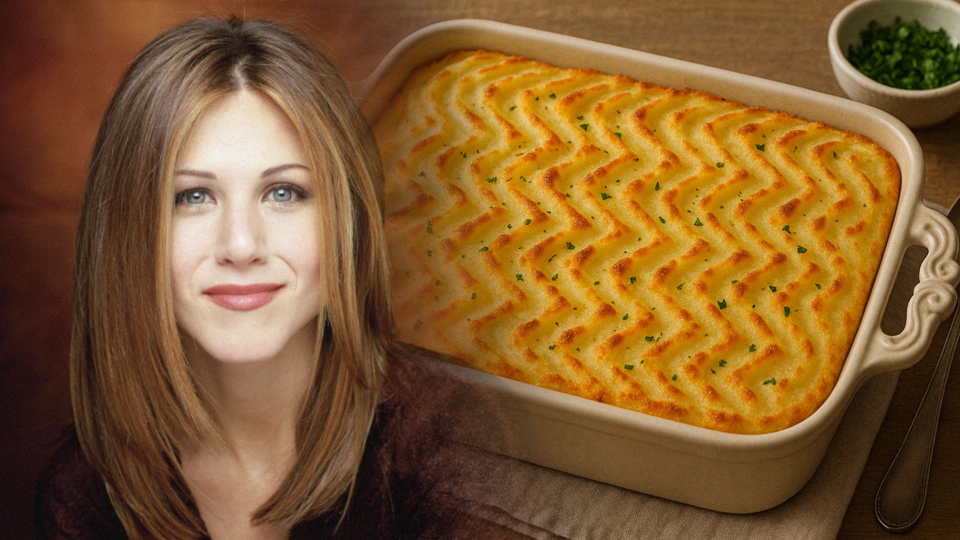 La actriz Jennifer Aniston sonriendo con una fuente de cazuela de papas a su lado
