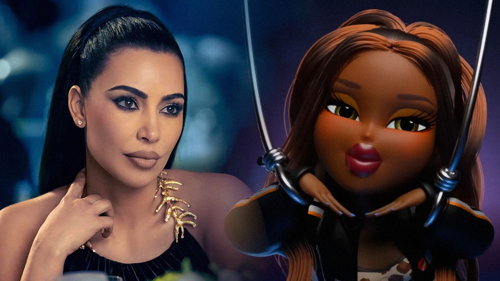 La actriz Kim Kardashian en vestido negro contra fondo azul, muñeca Bratz en outfit negro