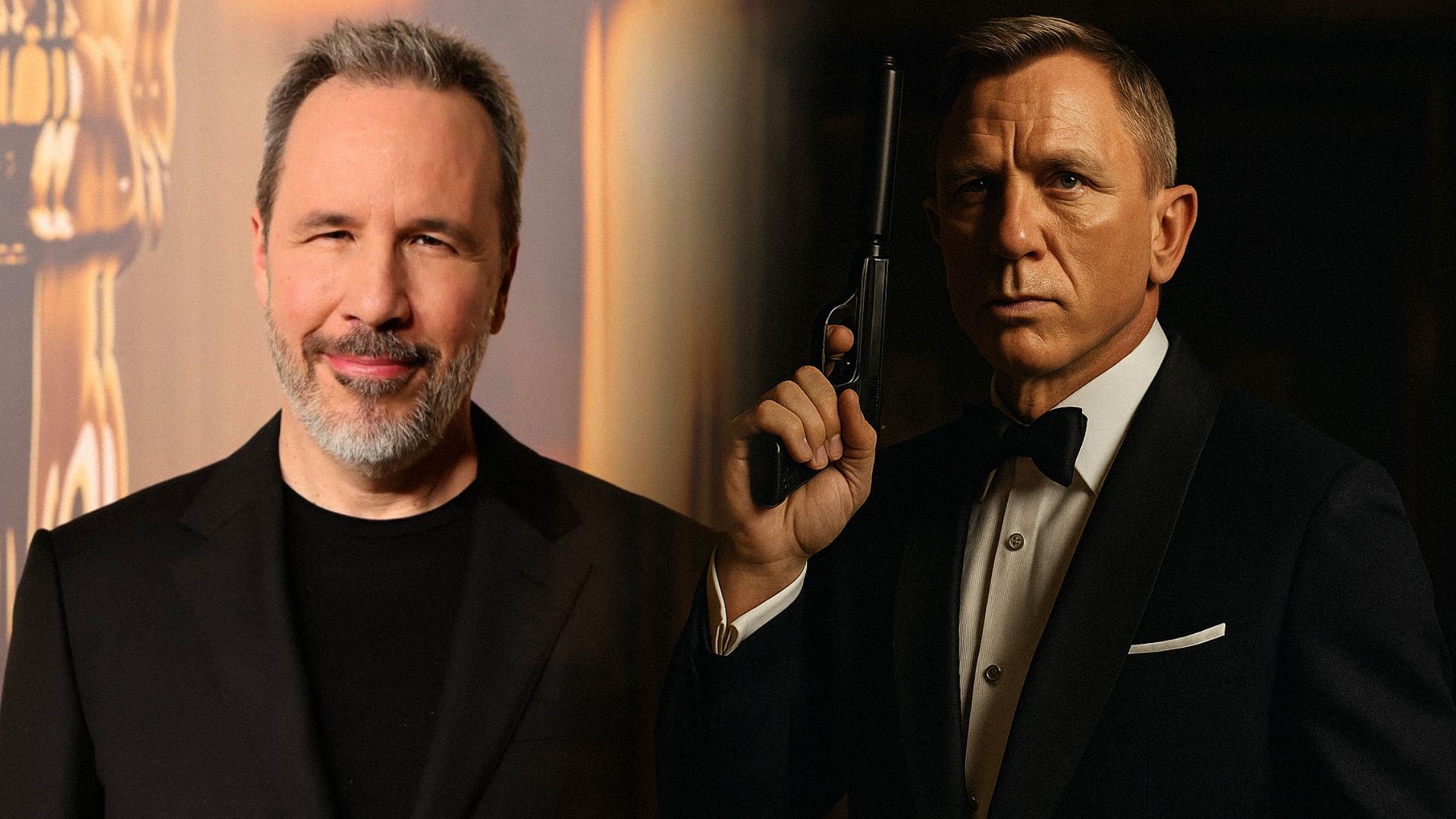 Director Denis Villeneuve con chaqueta negra, actor Daniel Craig con chaqueta negra y pistola en las manos