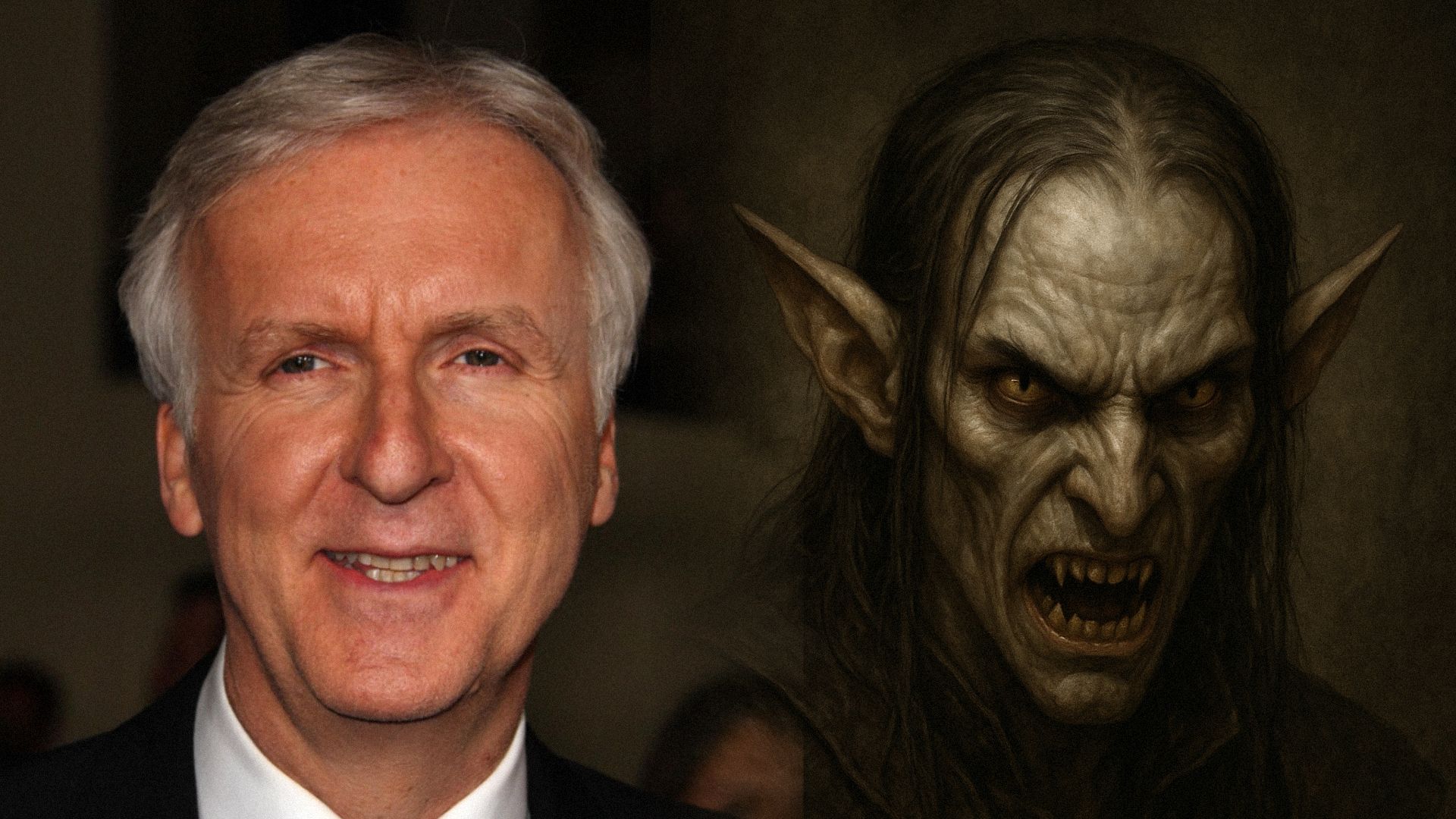El director James Cameron sonríe con un traje negro y un elfo malvado con largas orejas y colmillos