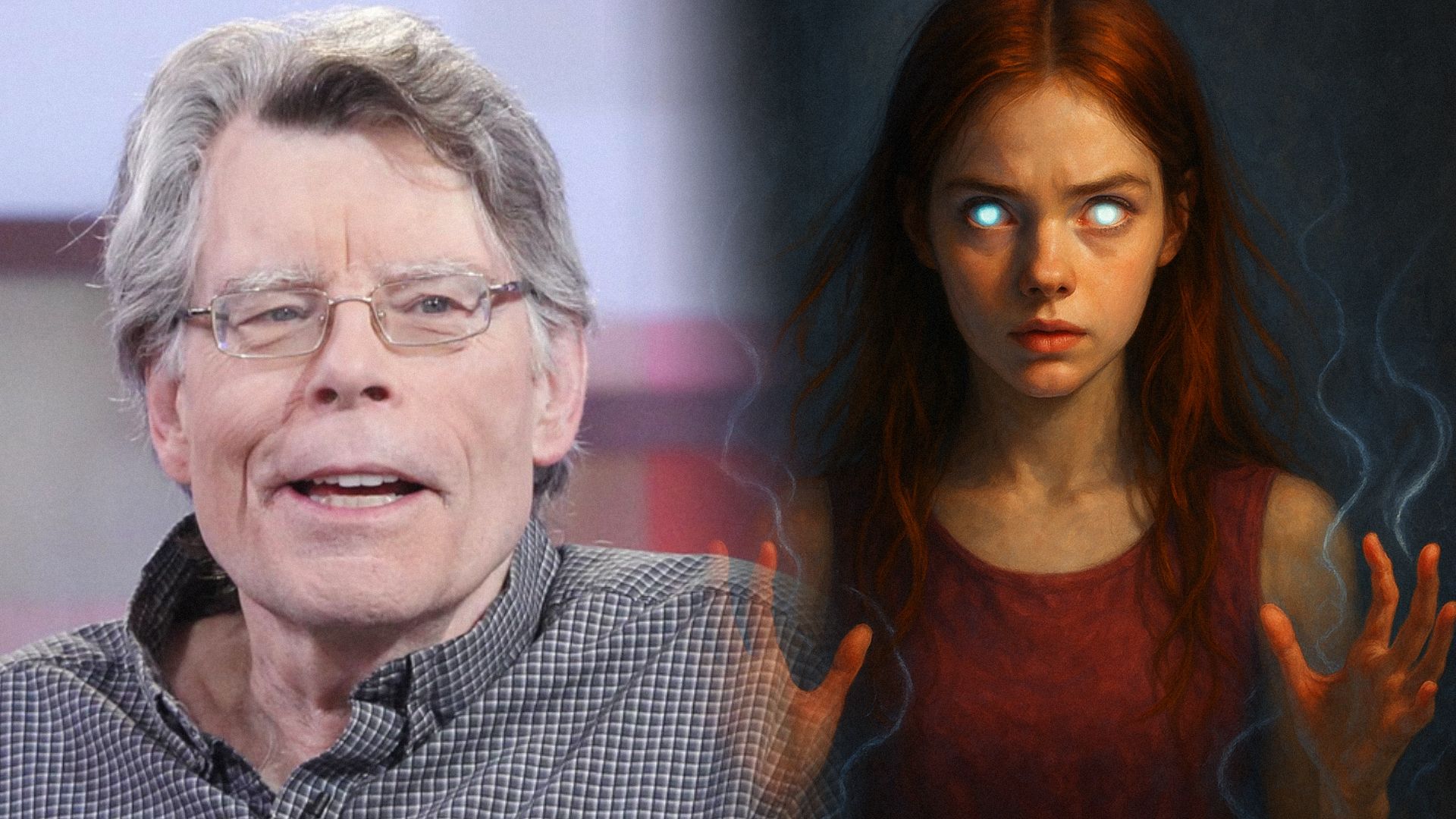 El escritor Stephen King sonríe con gafas y una chica en una camiseta roja con ojos brillantes
