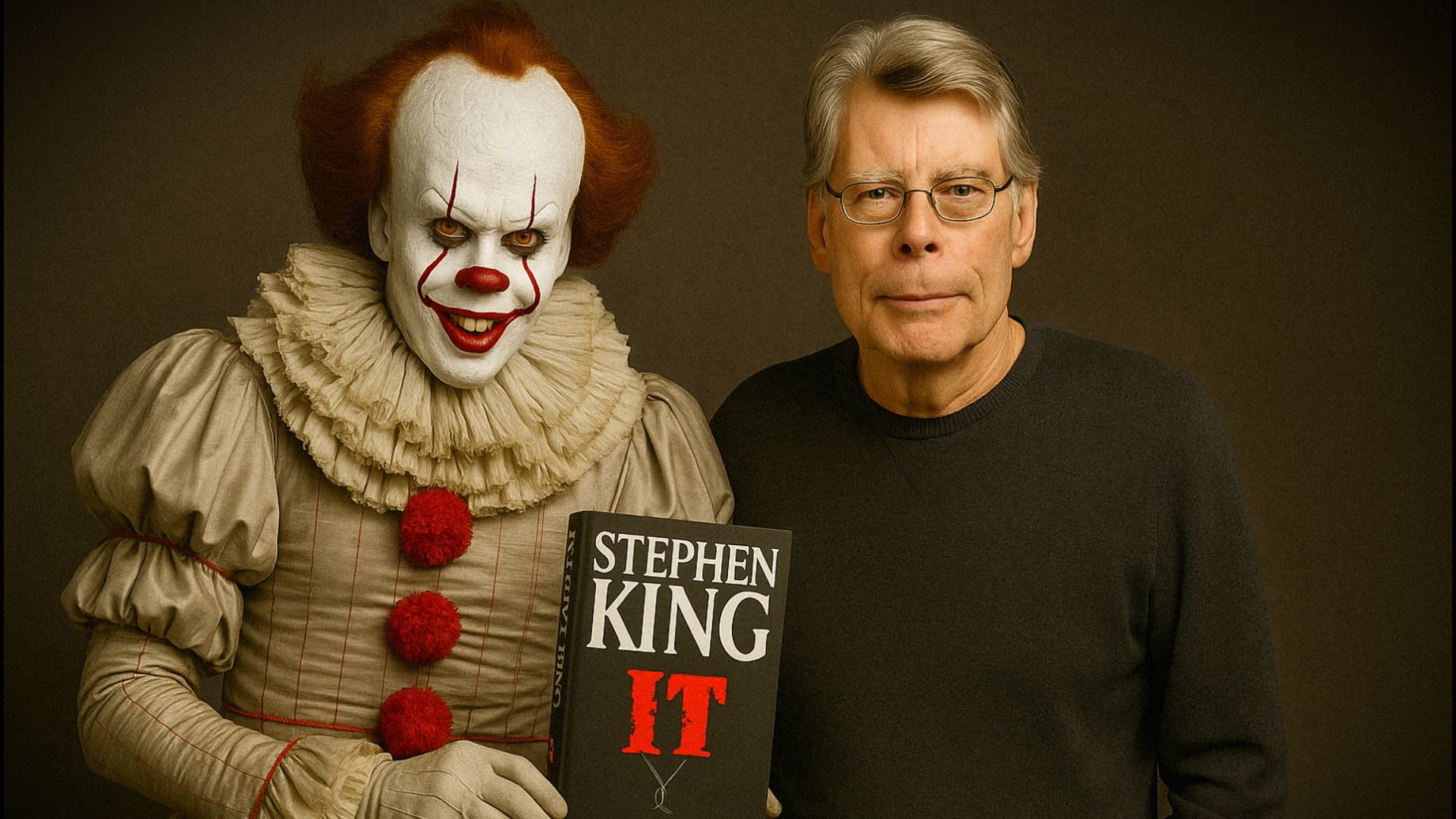 Un payaso con traje blanco y botones rojos sostiene un libro en las manos, junto a él está el escritor Stephen King vestido de negro