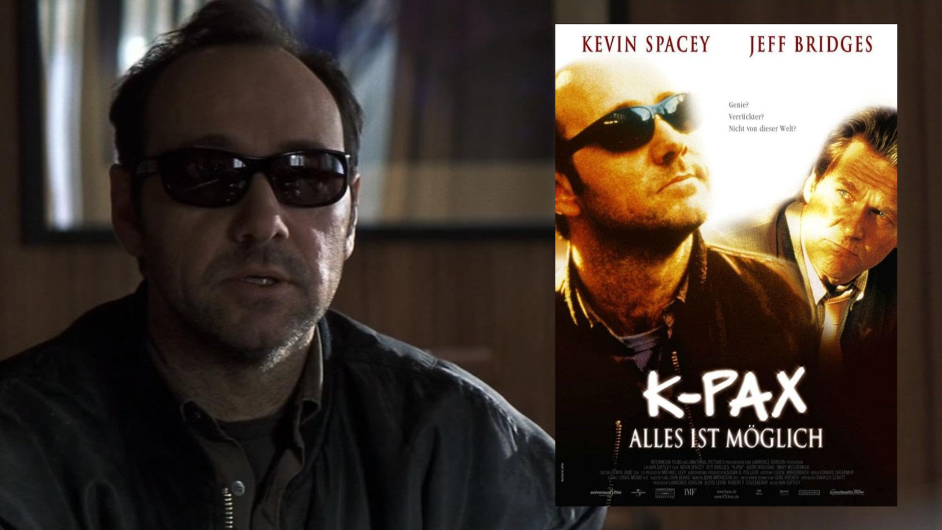 El actor Kevin Spacey con gafas y chaqueta oscura, junto a un póster de la película que muestra al actor de pie junto a Jeff Bridges