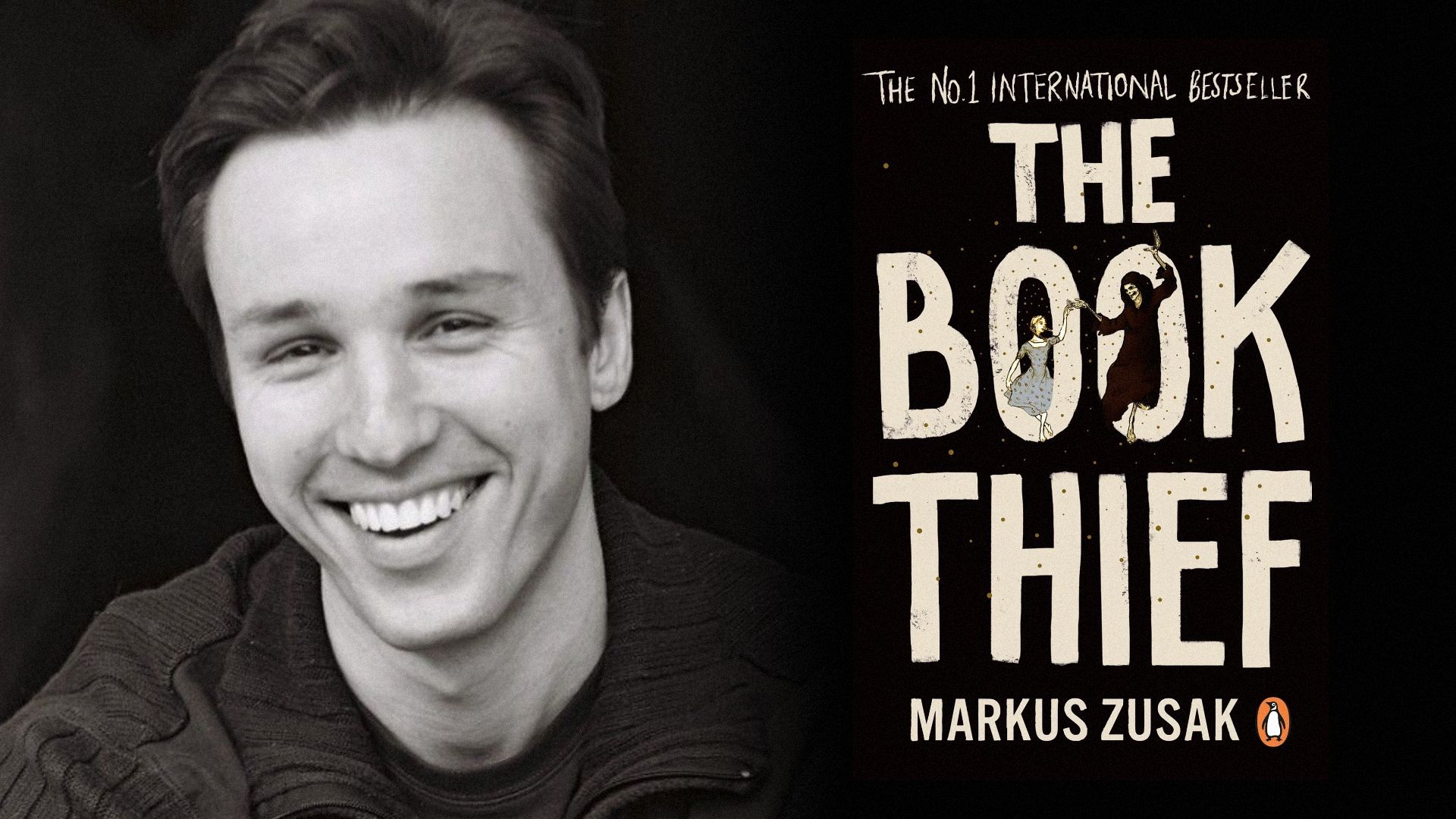 El escritor Markus Zusak con camisa oscura sonríe junto a la portada de un libro que muestra a una niña bailando con un esqueleto