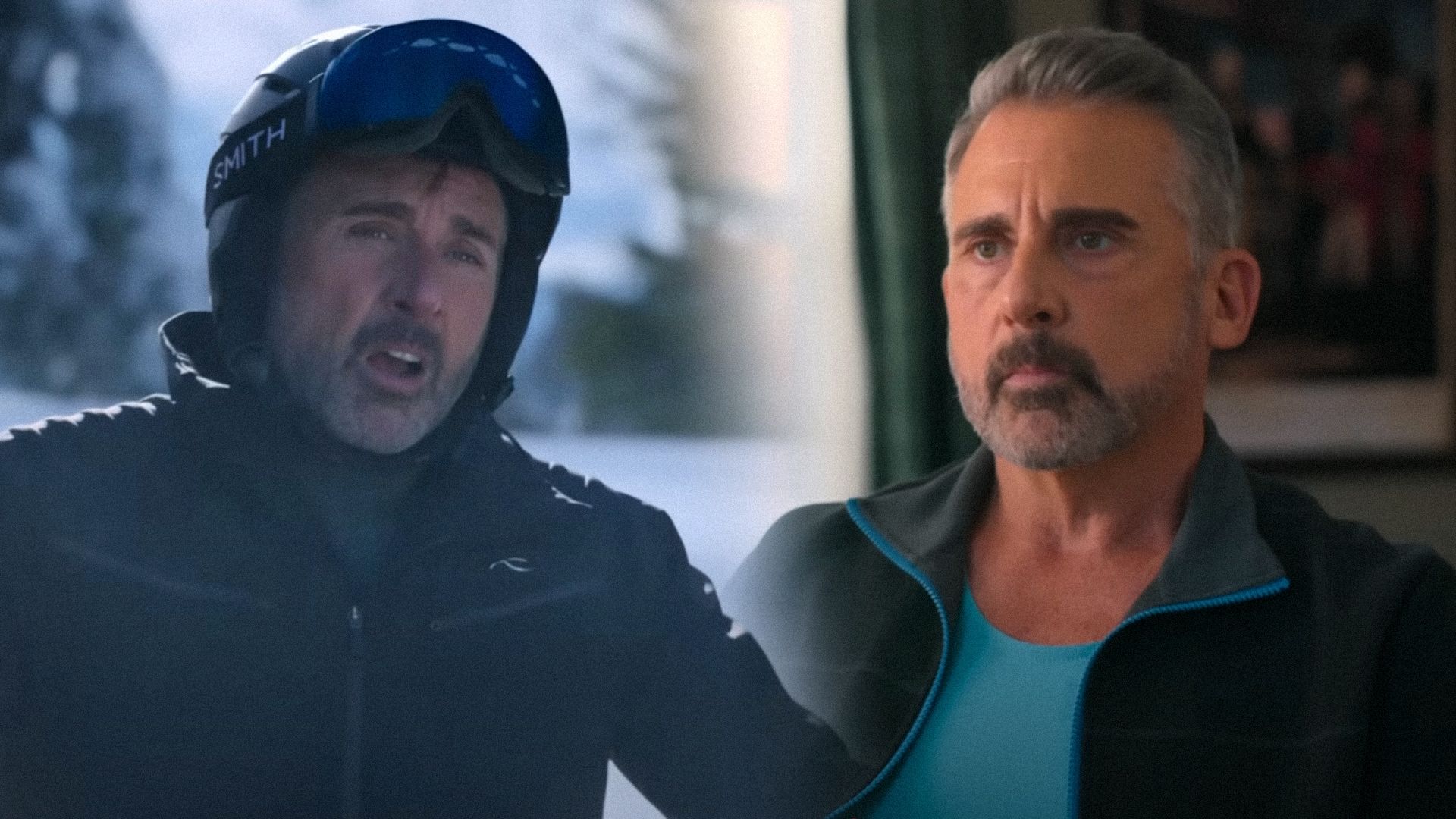 El actor Steve Carell en un traje de esquí rodeado de nieve