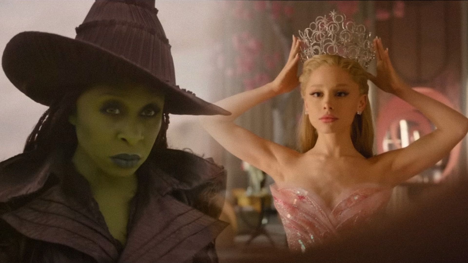 La actriz Cynthia Erivo con un sombrero y ropa negra y la cantante Ariana Grande con un vestido rosa, poniéndose una corona