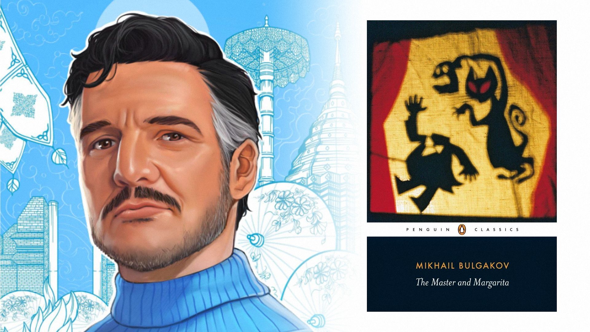 Actor Pedro Pascal ilustrado como Mister Fantastic, junto a la portada de un libro con un gato