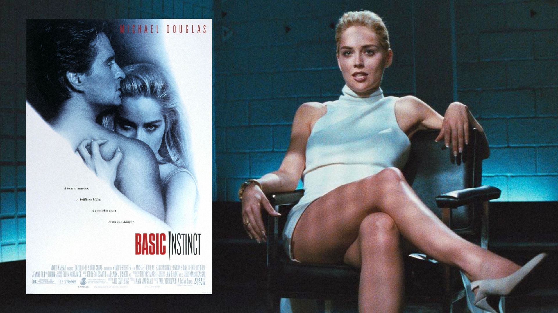 La actriz Sharon Stone con vestido blanco sentada en una silla contra un fondo azul