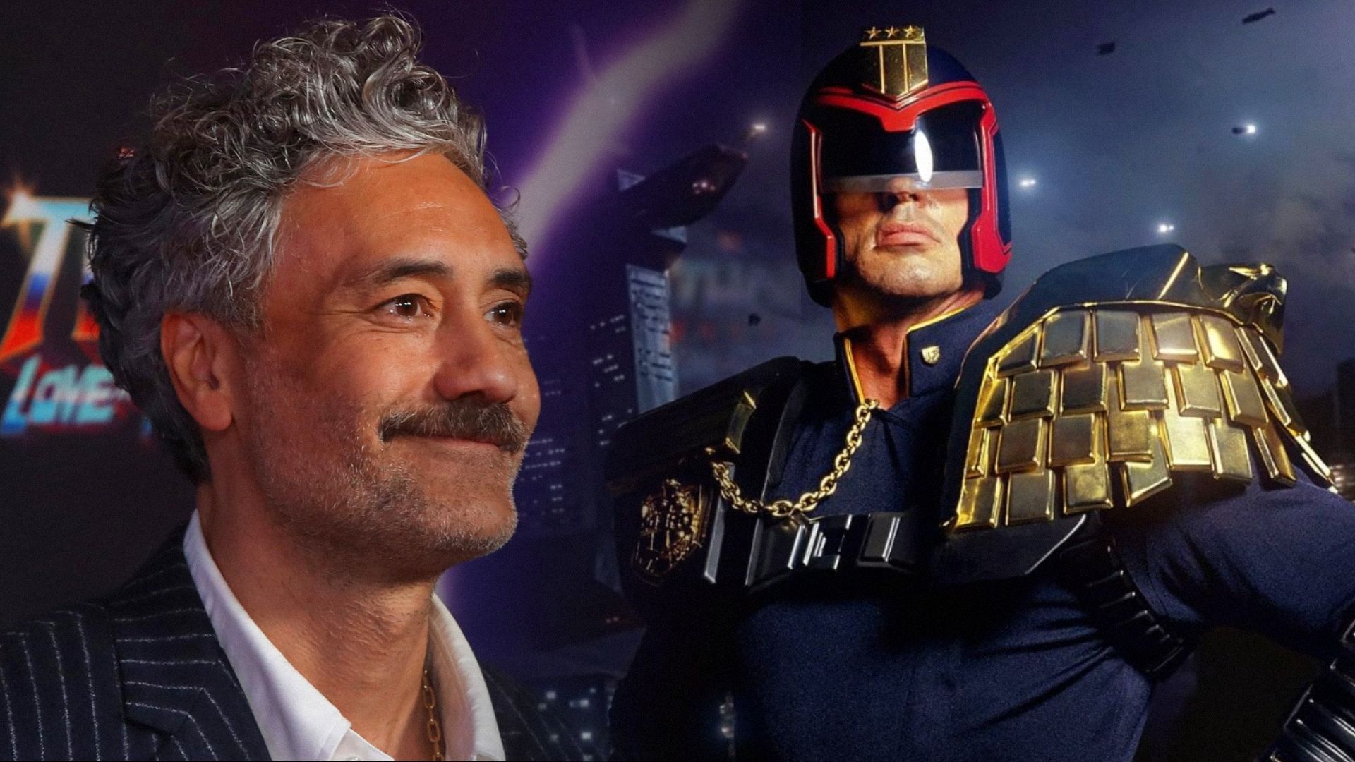 El director Taika Waititi en blazer y el actor Sylvester Stallone con casco rojo y azul