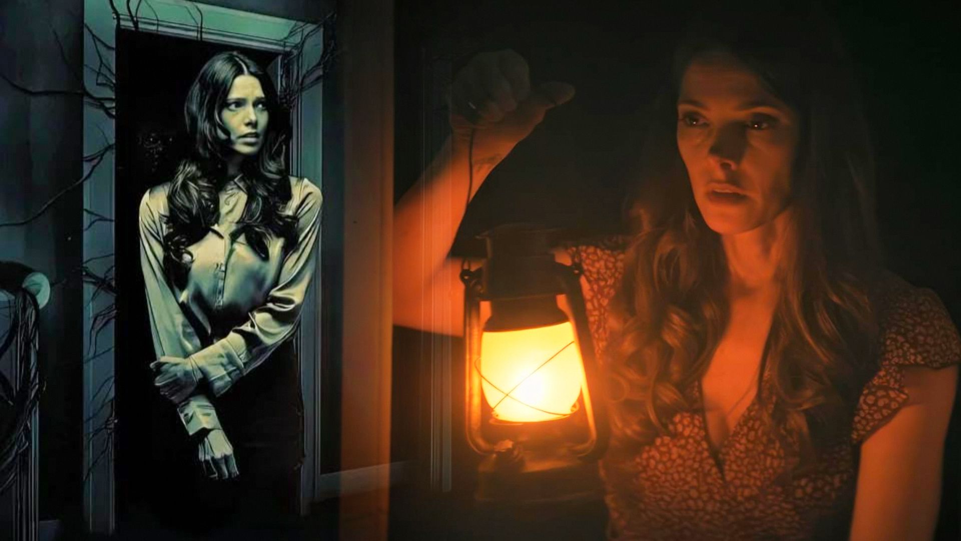 La actriz Ashley Greene aparece con una blusa blanca junto a una puerta, sosteniendo una lámpara de queroseno en su mano derecha