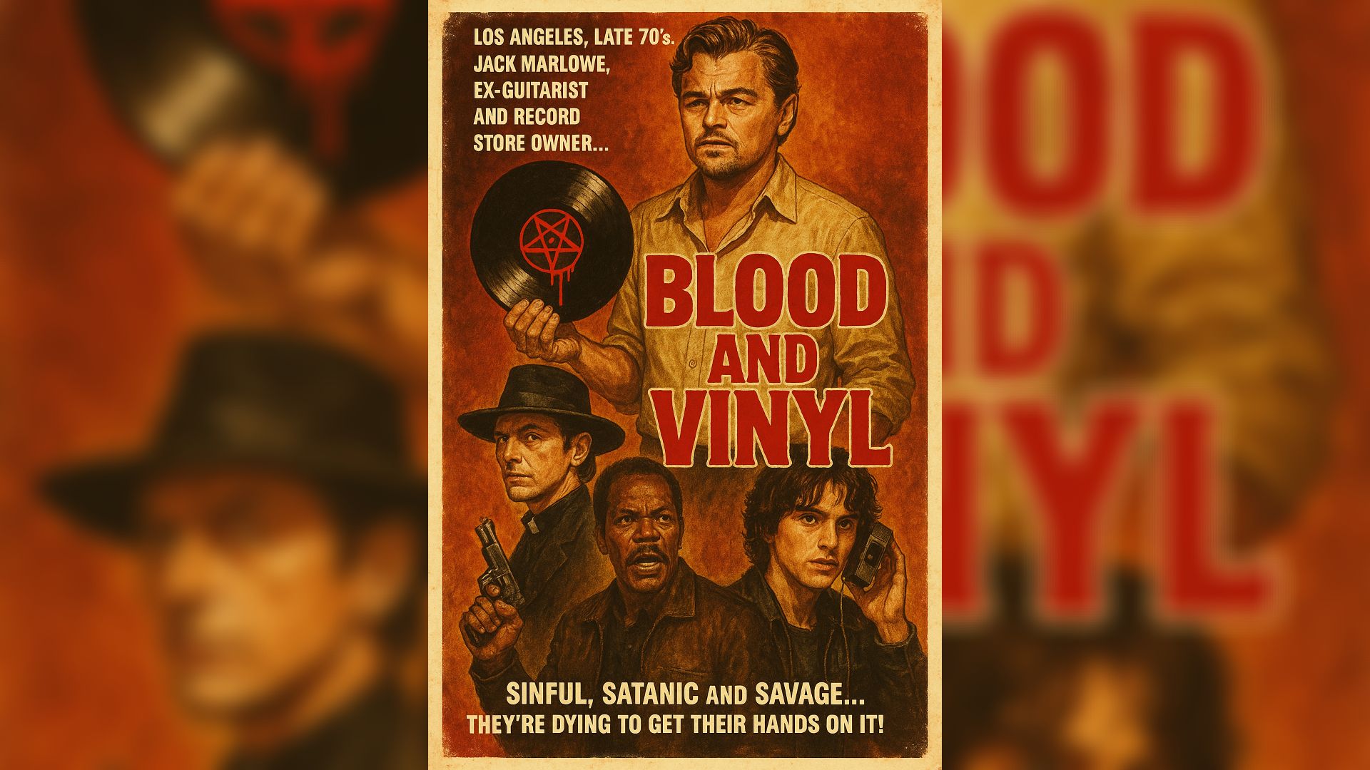 Actor Leonardo DiCaprio ilustrado sosteniendo un disco de vinilo