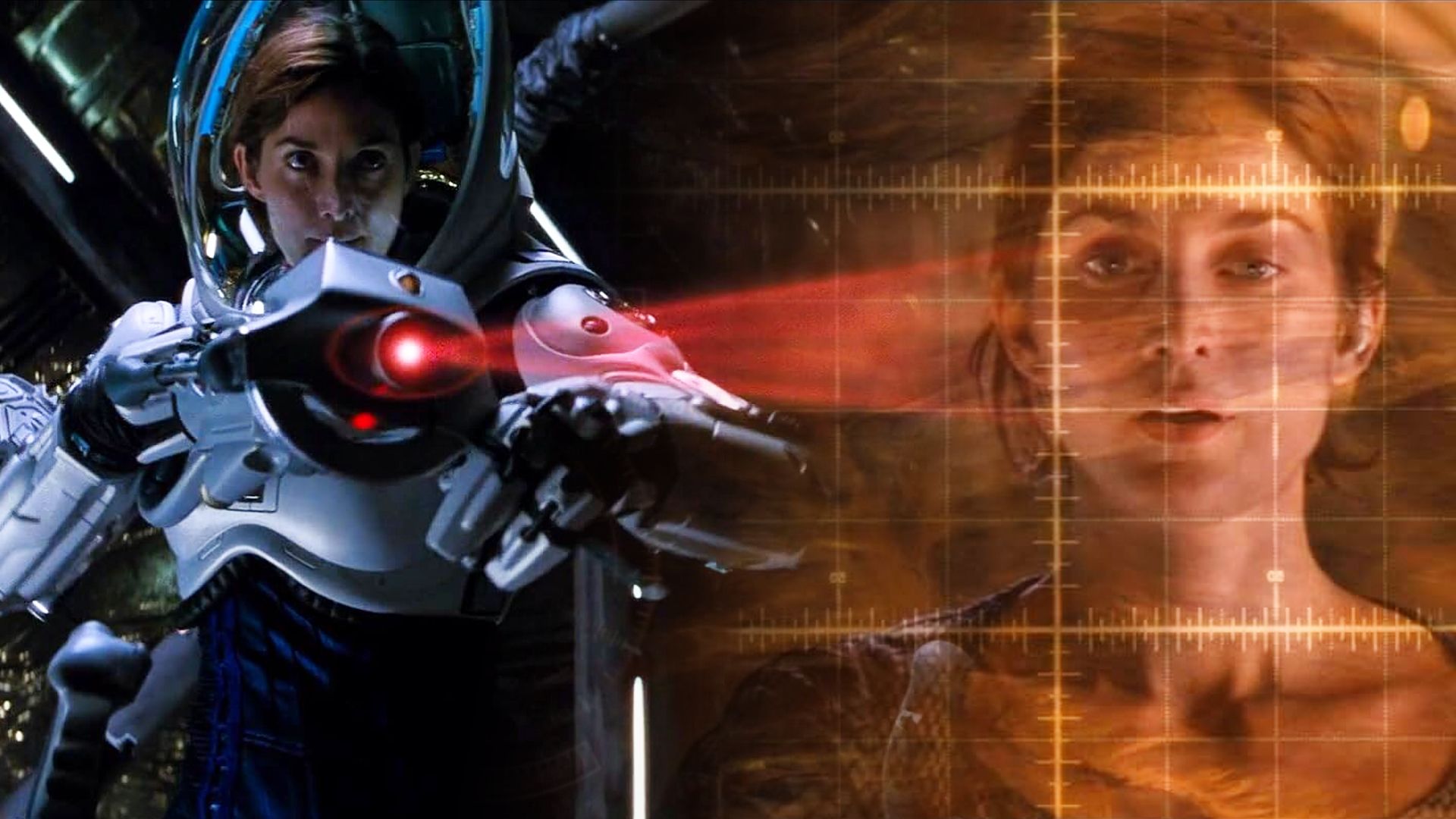 La actriz Carrie-Anne Moss con un traje espacial futurista dispara un arma láser